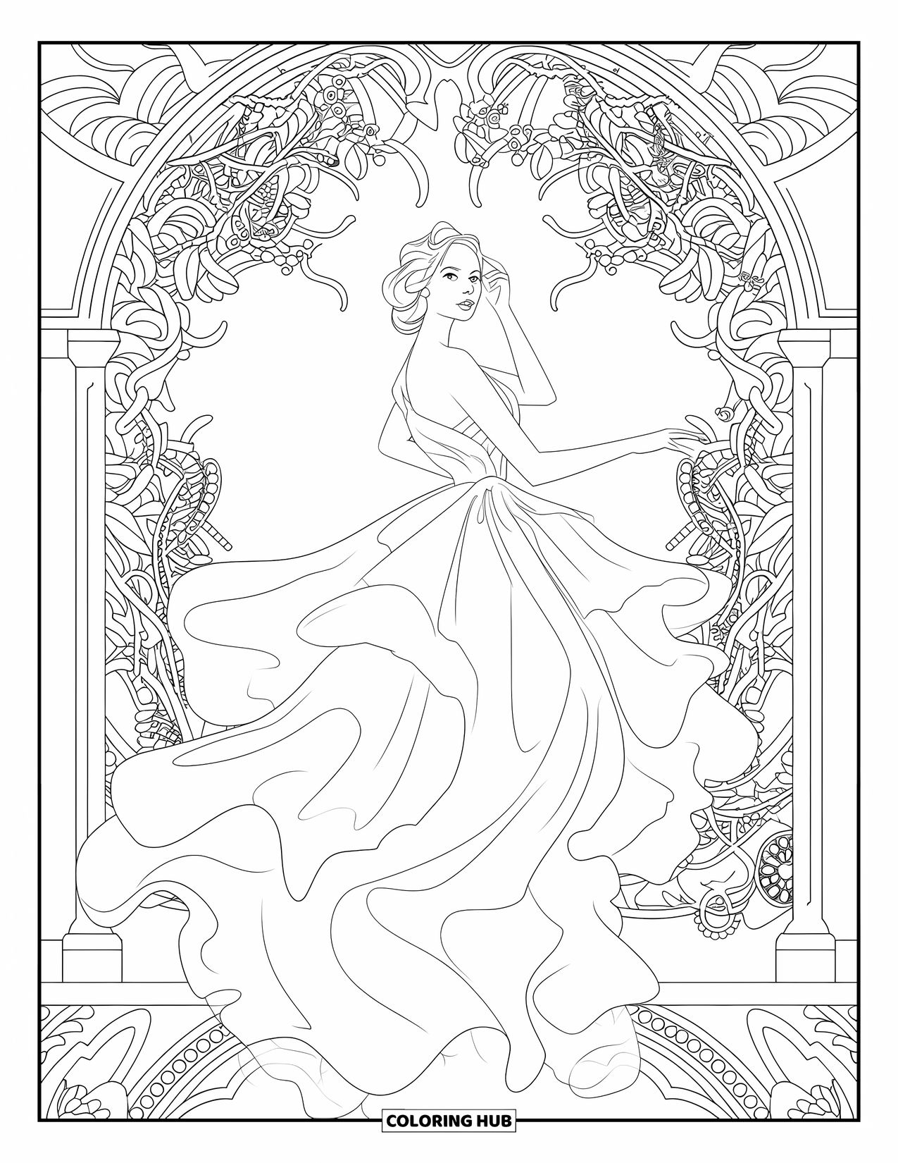 Kolorowanka z sukienkami – moda dla dorosłych: Kobieta w powiewnej sukni pozuje pod łukiem porośniętym pnączami