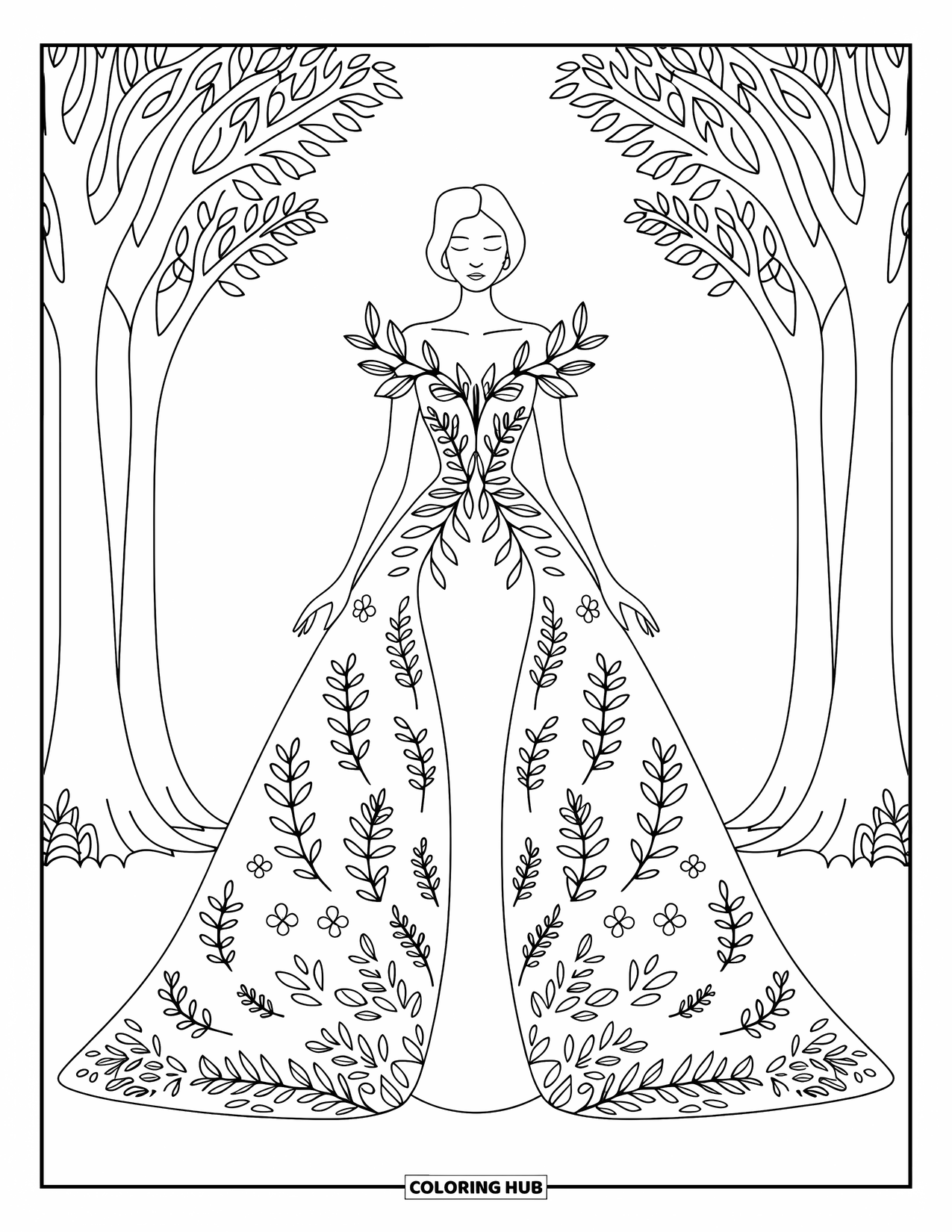 Kolorowanka z sukienkami – moda dla dorosłych: Kobieta w sukni stoi w lesie z kwiatami i skomplikowanymi wzorami