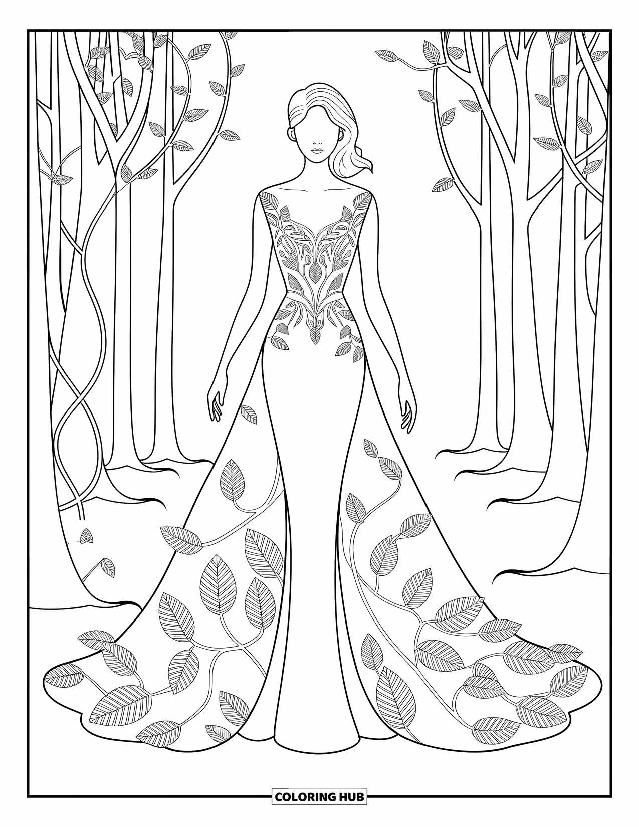 Kolorowanka z sukienkami – moda dla dorosłych: Kobieta w sukni stoi w lesie z pnączami i szczegółowymi liśćmi