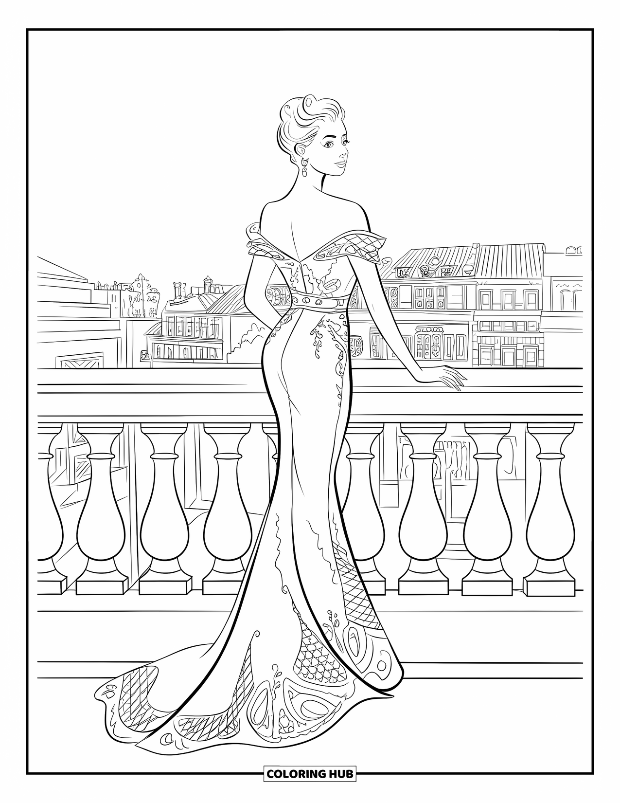 Kolorowanka z sukienkami – moda dla dorosłych: Kobieta w sukni stoi na balkonie z widokiem na budynki miejskie