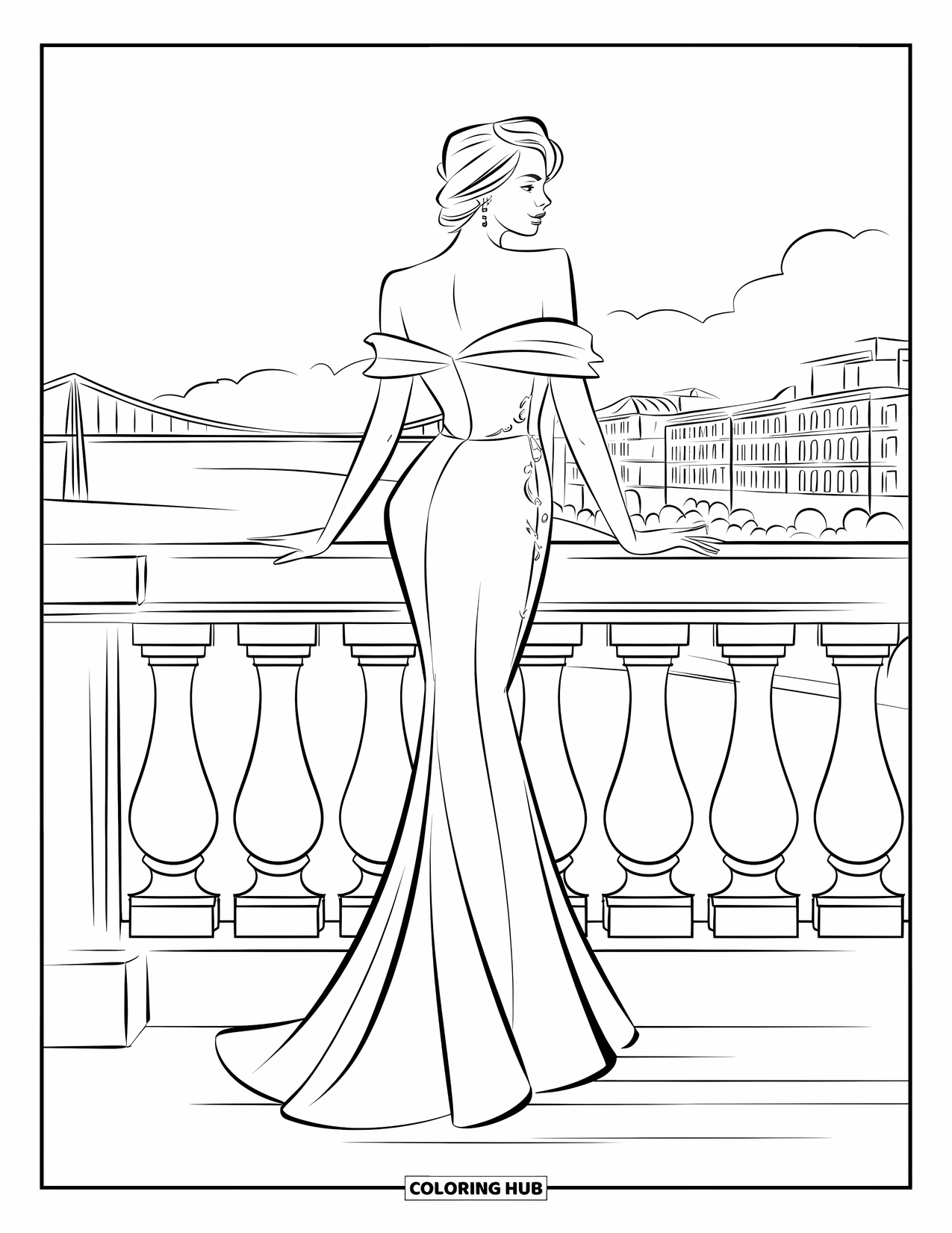 Kolorowanka z sukienkami – moda dla dorosłych: Kobieta w sukni stoi na balkonie z budynkami i widokiem na most