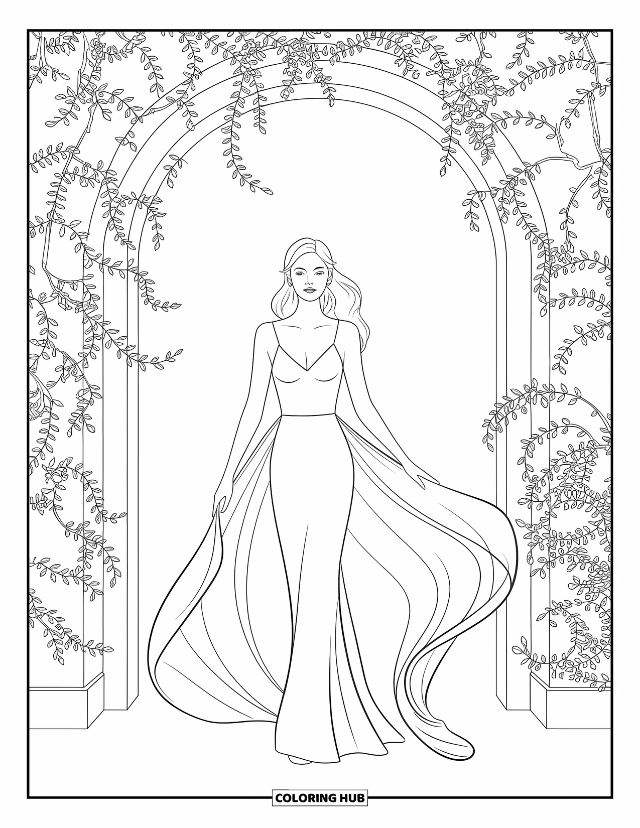 Kolorowanka z sukienkami – moda dla dorosłych: Kobieta w sukni stoi pod łukiem ze skomplikowanymi pnączami i wzorami