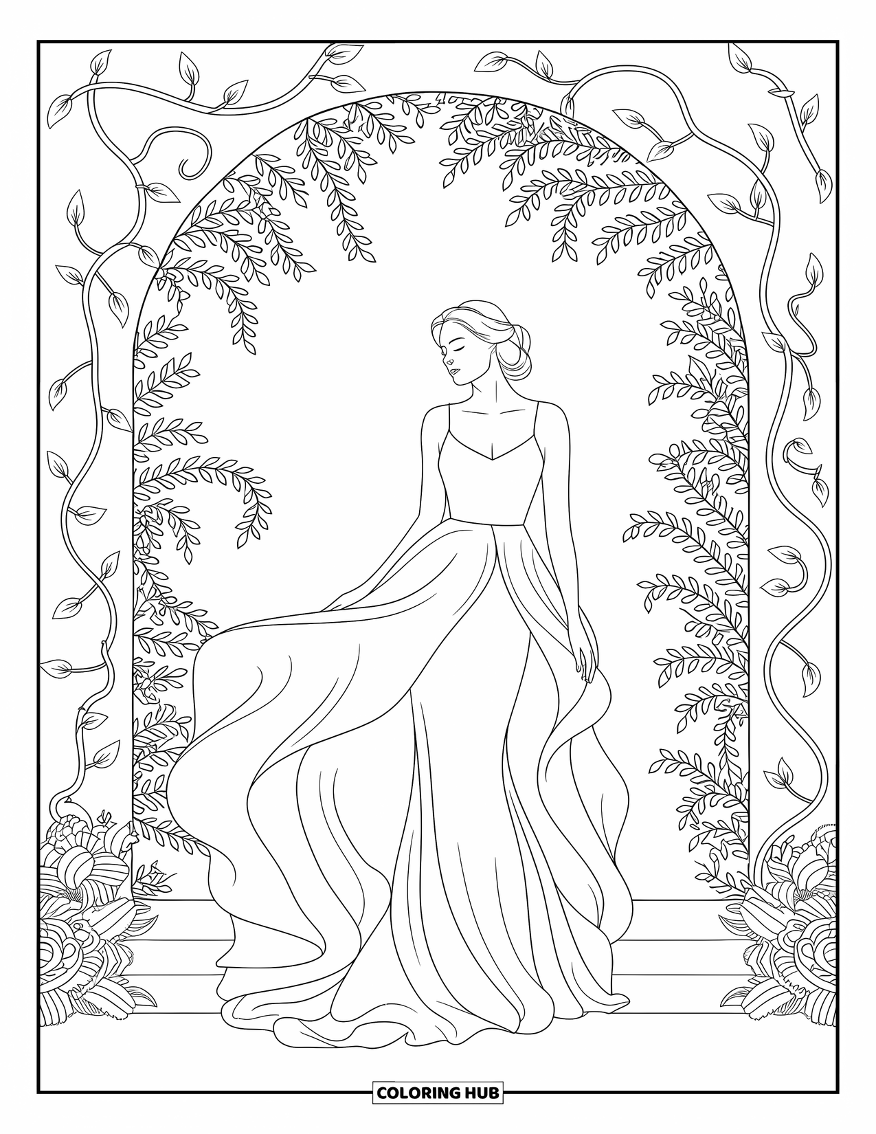 Kolorowanka z sukienkami – moda dla dorosłych: Kobieta w sukni stoi pod łukiem z pnączami i motywami kwiatowymi