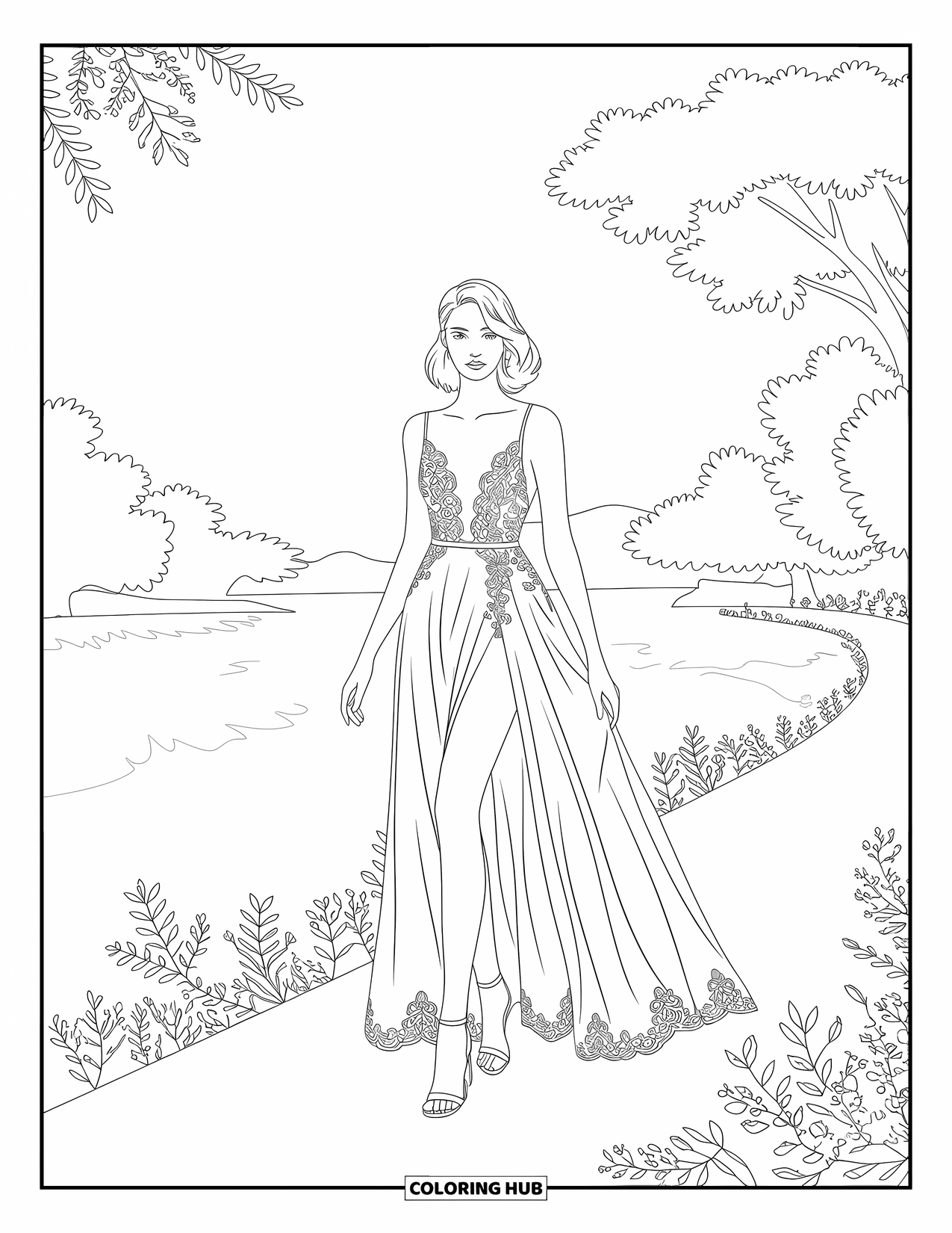 Kolorowanka z sukienkami – moda dla dorosłych: Kobieta w koronkowej sukience stoi nad jeziorem z liśćmi i skomplikowanymi detalami