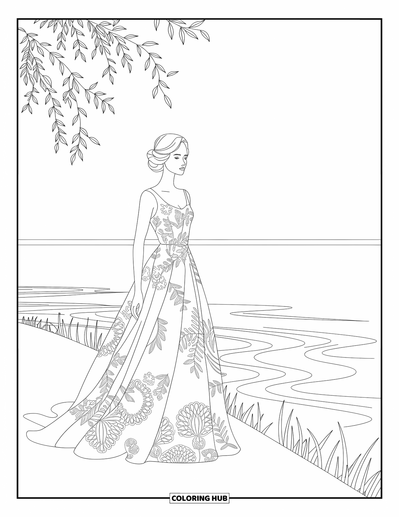 Kolorowanka z sukienkami – moda dla dorosłych: Kobieta w koronkowej sukience stoi nad jeziorem z drzewami i motywami kwiatowymi