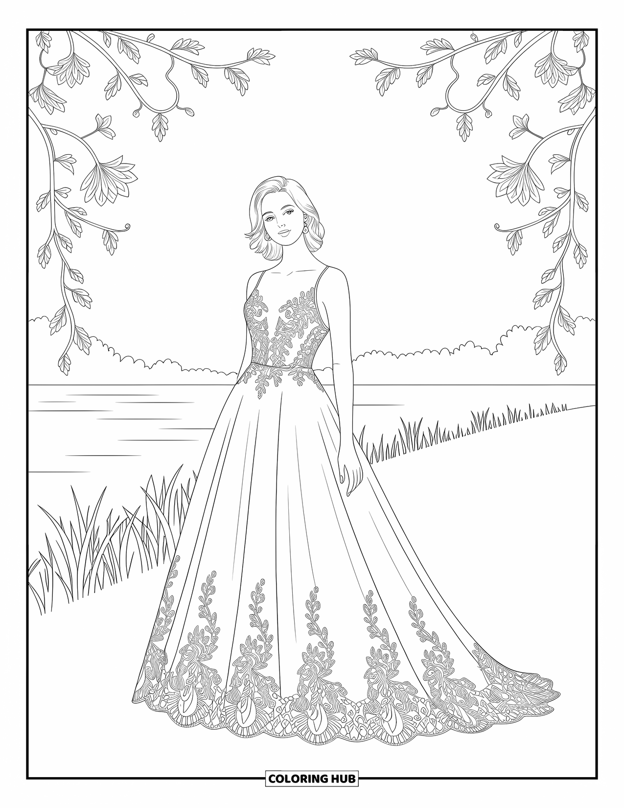 Kolorowanka z sukienkami – moda dla dorosłych: Kobieta w koronkowej sukience stoi nad jeziorem z drzewami i kwiatowymi wzorami