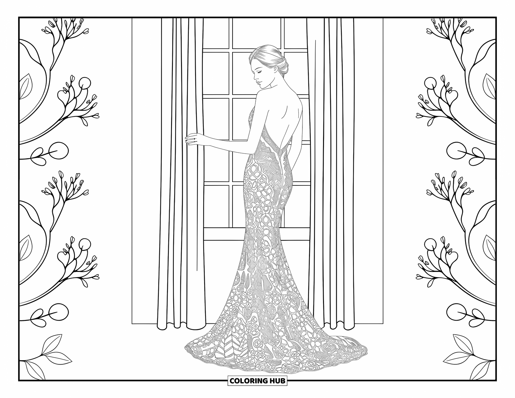 Kolorowanka z sukienkami – moda dla dorosłych: Kobieta w koronkowej sukni stoi przy oknie z zasłonami i kwiatowymi wzorami