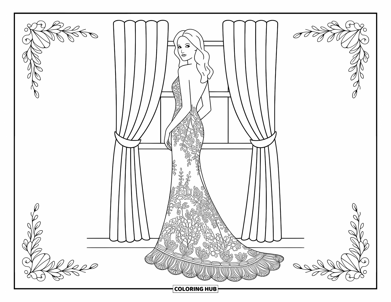 Kolorowanka z sukienką dla dorosłych: Kobieta w koronkowej sukni stoi obok okna z motywami kwiatowymi wokół niej