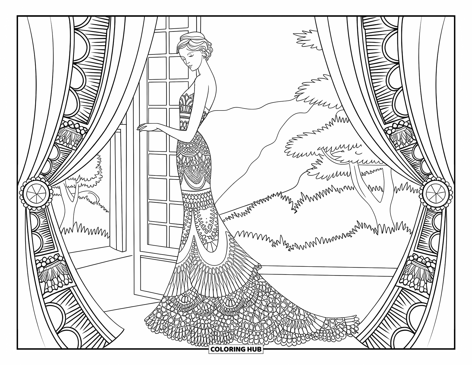 Kolorowanka z sukienką dla dorosłych: Kobieta w koronkowej sukni stoi obok okna z drzewami i zboczem góry