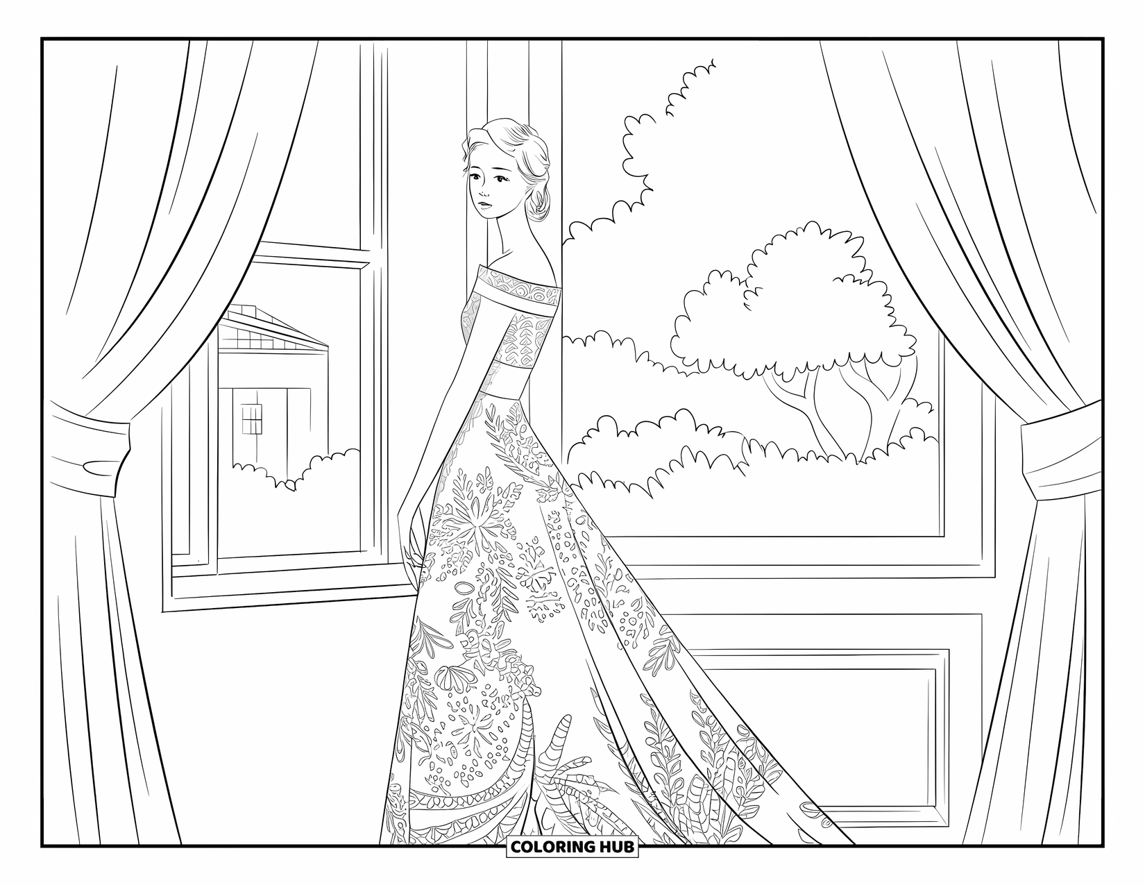Kolorowanka z sukienkami – moda dla dorosłych: Kobieta w koronkowej sukni stoi przy oknie z drzewami i górami na zewnątrz