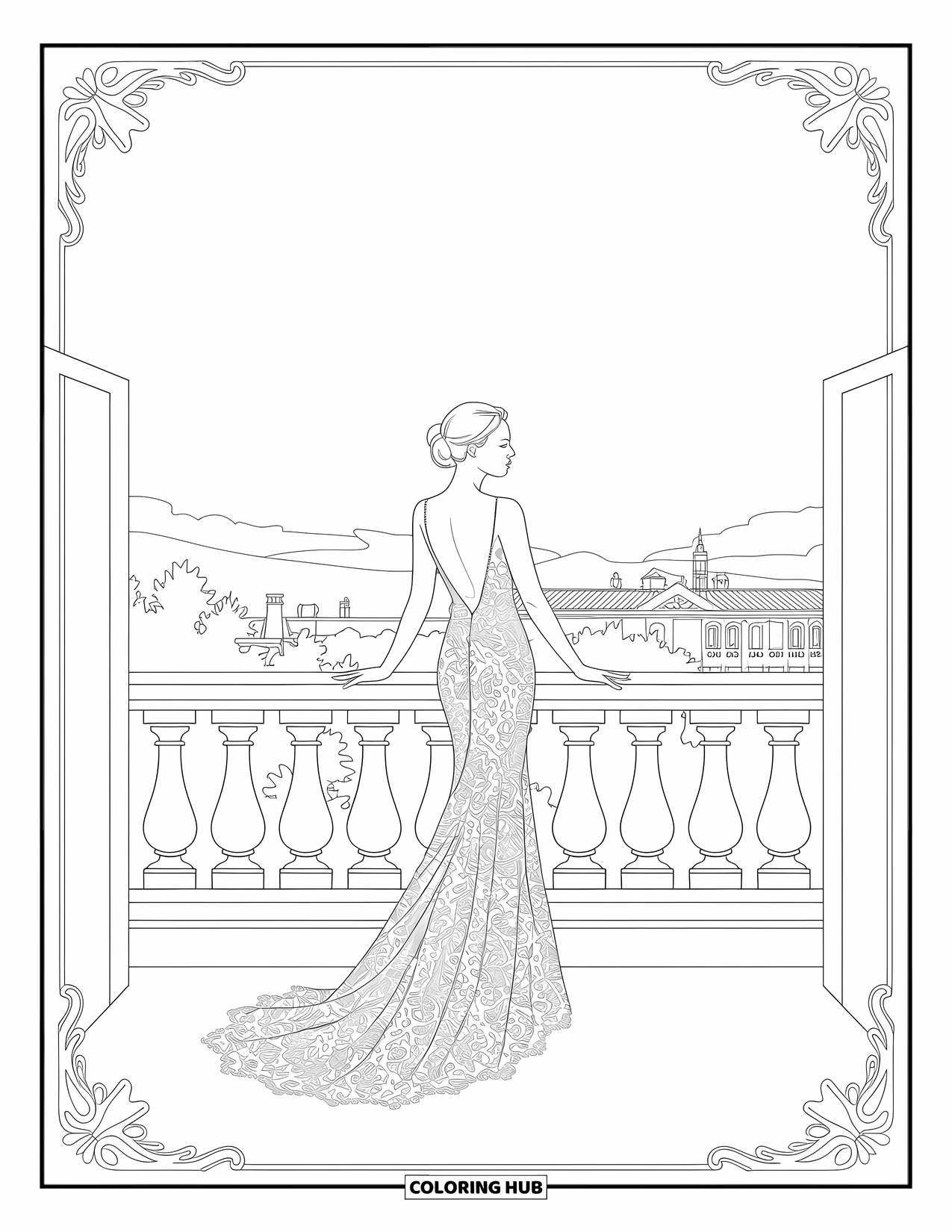 Kolorowanka z sukienkami – moda dla dorosłych: Kobieta w koronkowej sukni stoi na balkonie z budynkami miejskimi i obramowaniami