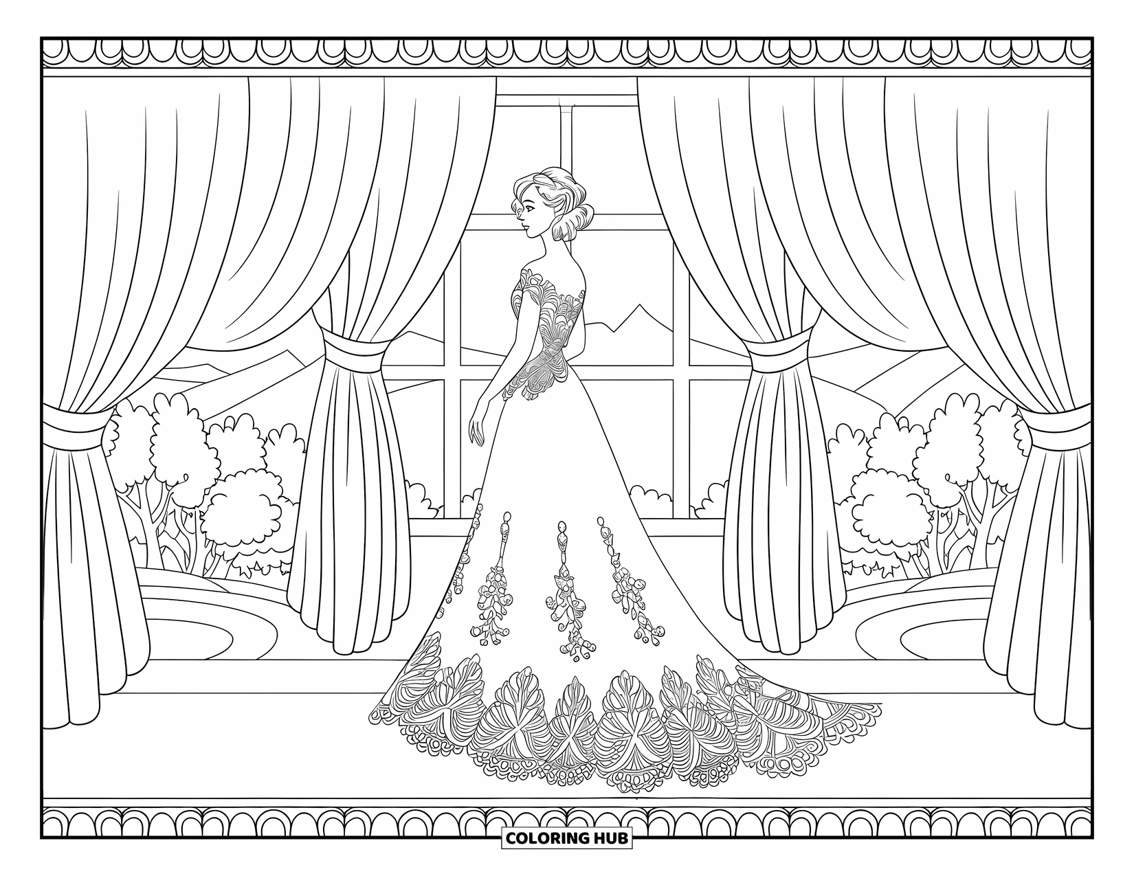 Kolorowanka z sukienkami – moda dla dorosłych: Kobieta w koronkowej sukni stoi spokojnie przy oknie z zasłonami