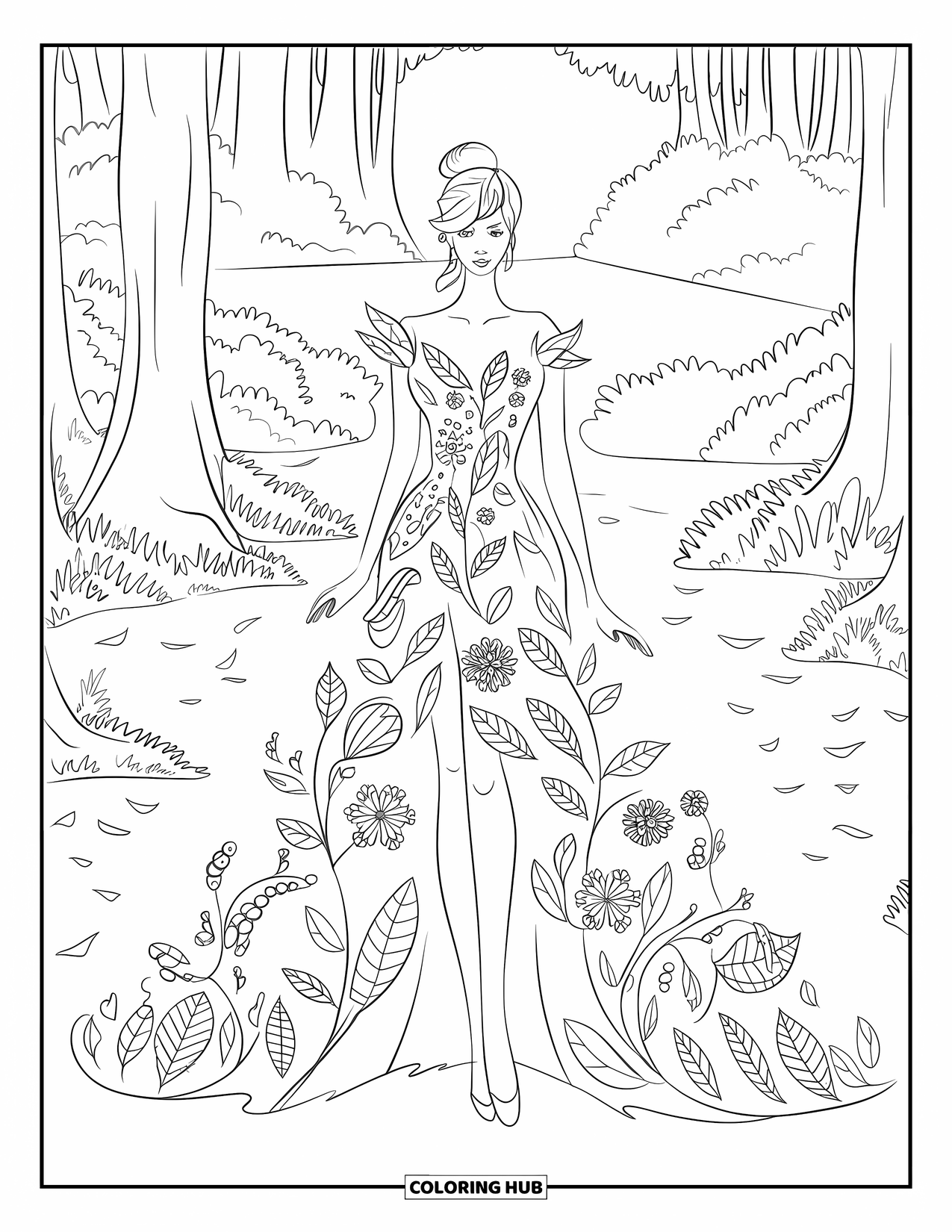 Kolorowanka z sukienkami – moda dla dorosłych: Kobieta w sukni inspirowanej naturą stoi na leśnej polanie