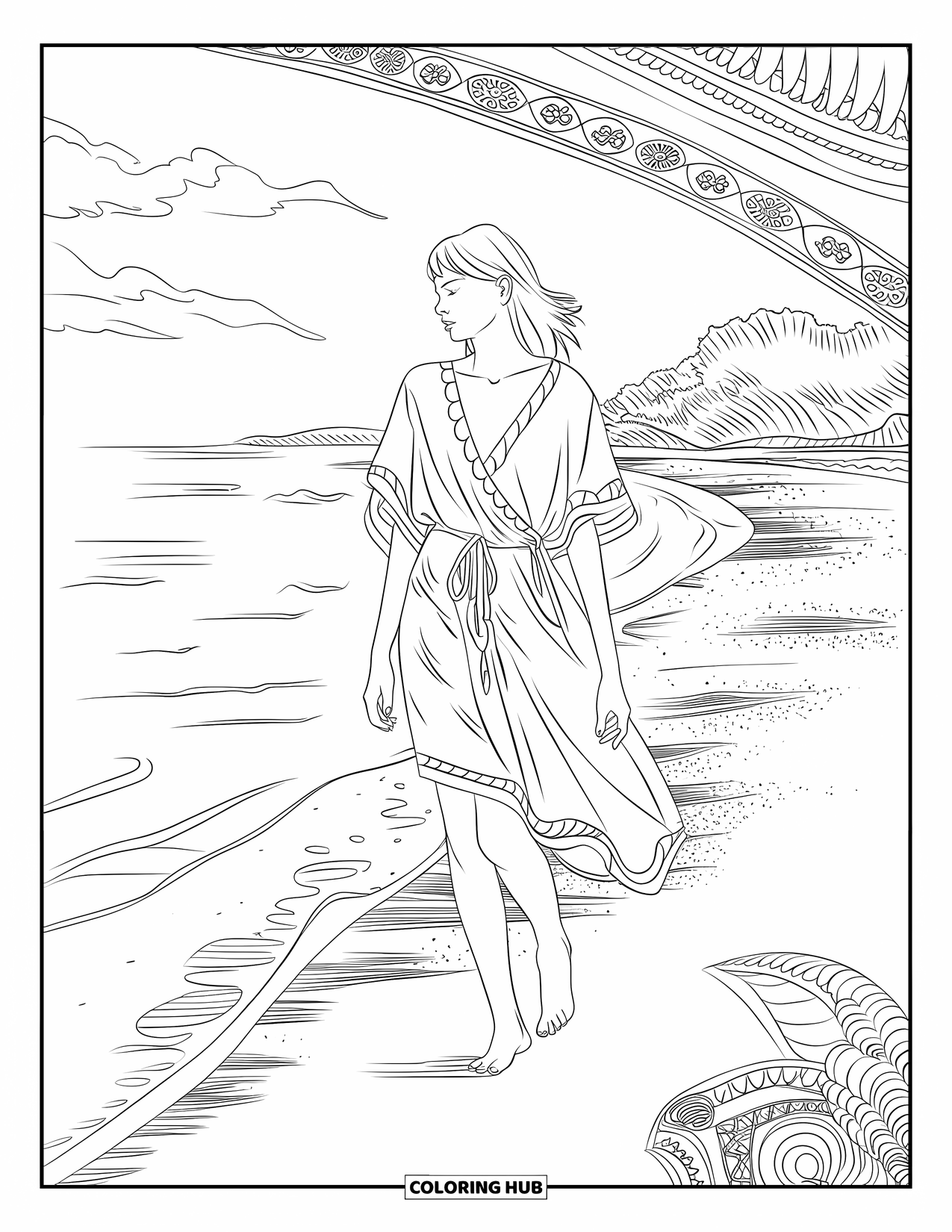 Kolorowanka z sukienkami – moda dla dorosłych: Kobieta w luźnej sukience idzie po plaży z falami i chmurami nad nią