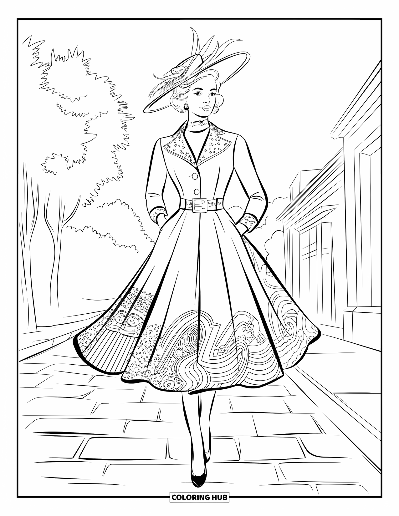 Kolorowanka z sukienkami – moda dla dorosłych: Kobieta w sukience i kapeluszu w stylu retro idzie ulicą z drzewami i budynkami