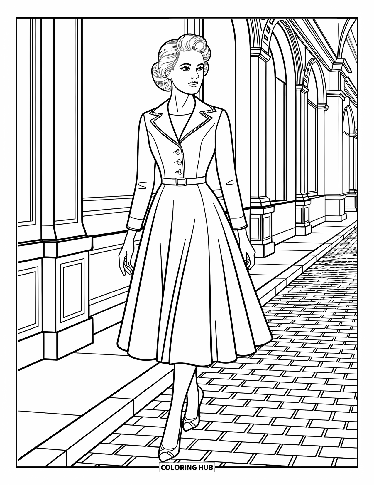 Kolorowanka z sukienkami – moda dla dorosłych: Kobieta w sukience w stylu retro spaceruje po brukowanej ulicy z ozdobnymi budynkami