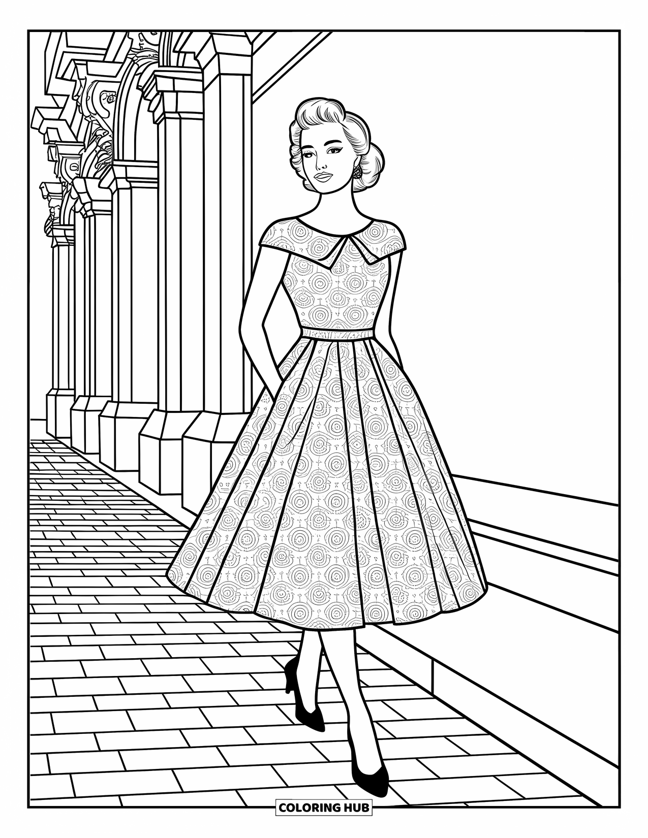 Kolorowanka z sukienkami – moda dla dorosłych: Kobieta w sukience w stylu retro spaceruje po bruku z kwiatami i balustradami