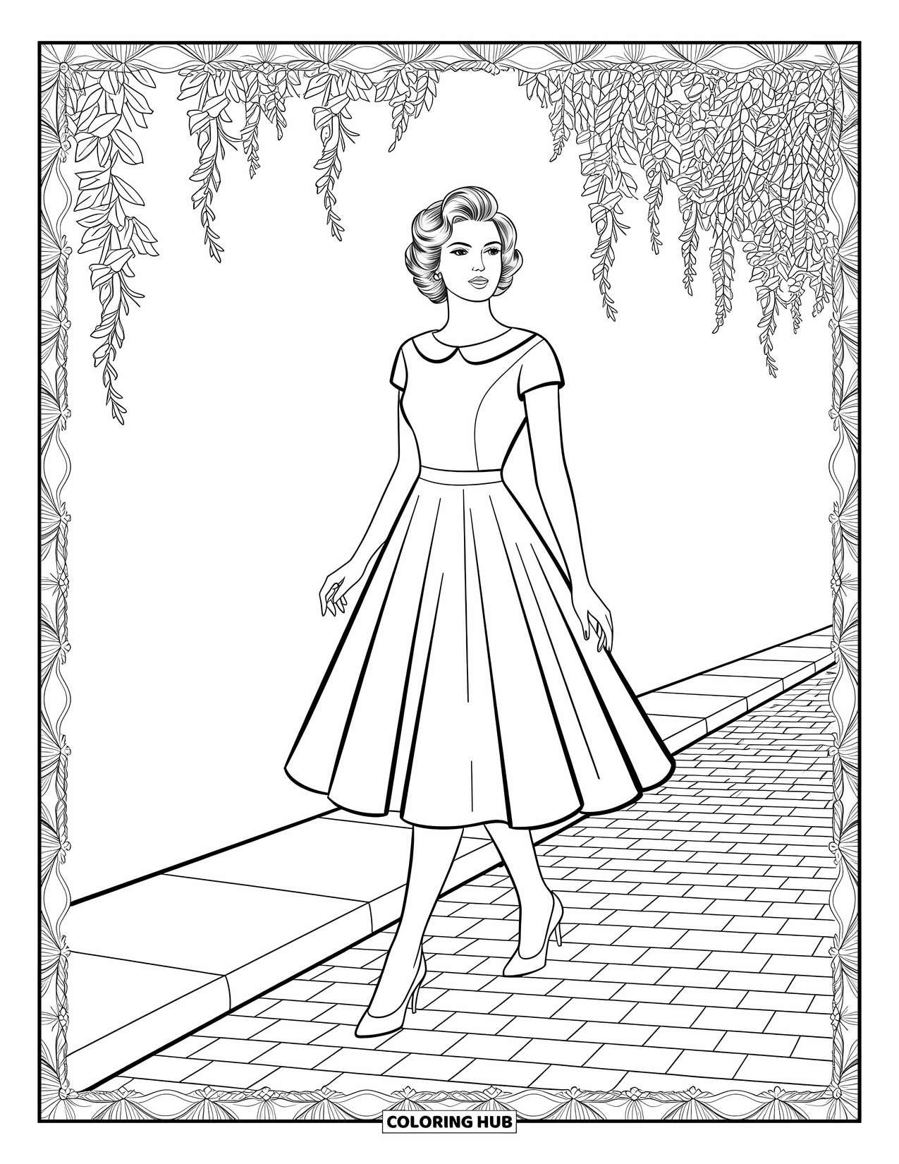Kolorowanka z sukienkami – moda dla dorosłych: Kobieta w sukience w stylu retro idzie po bruku z ozdobnymi wzorami