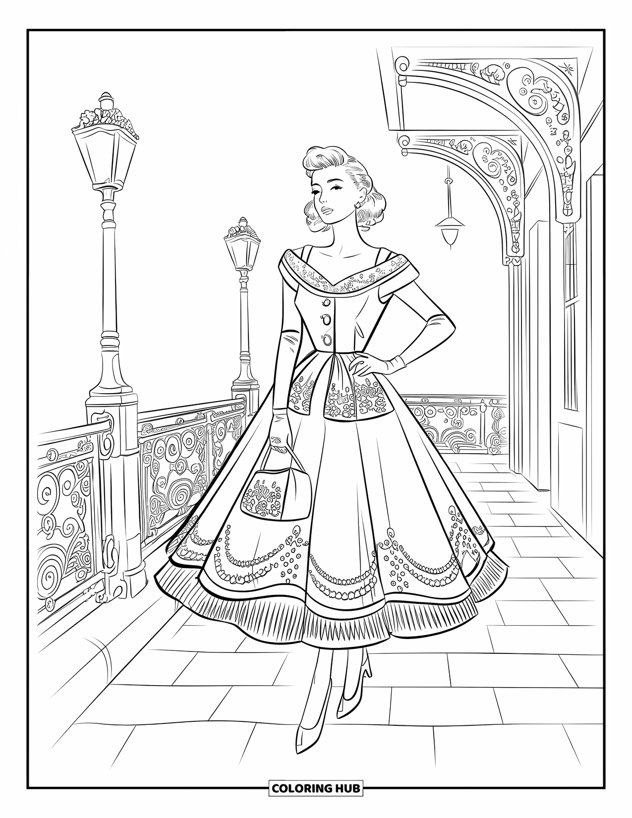 Kolorowanka z sukienkami – moda dla dorosłych: Kobieta w sukience w stylu retro w rękawiczkach idzie obok lamp i balustrady