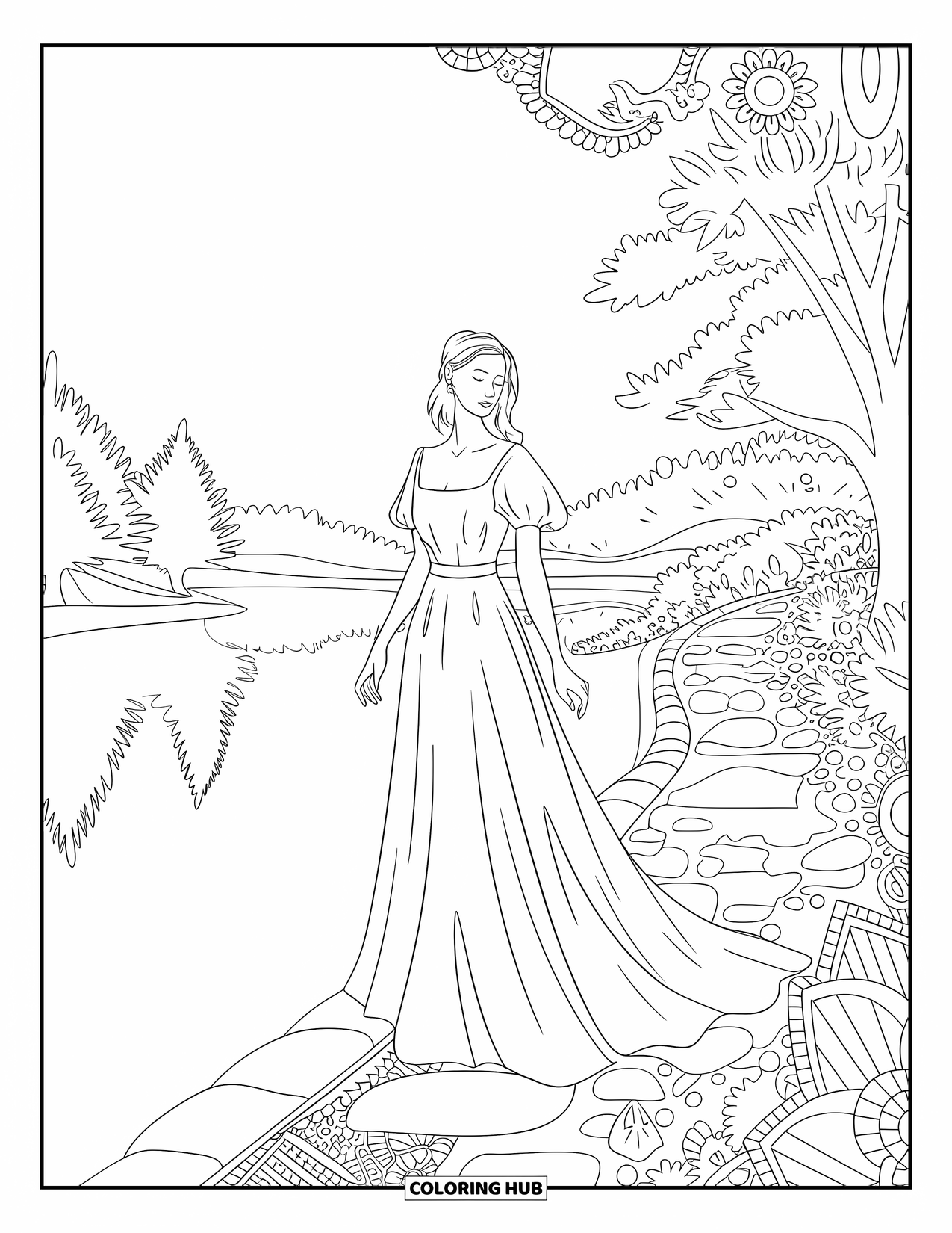 Kolorowanka z sukienkami – moda dla dorosłych: Kobieta w romantycznej sukience stoi przy spokojnej ścieżce nad jeziorem