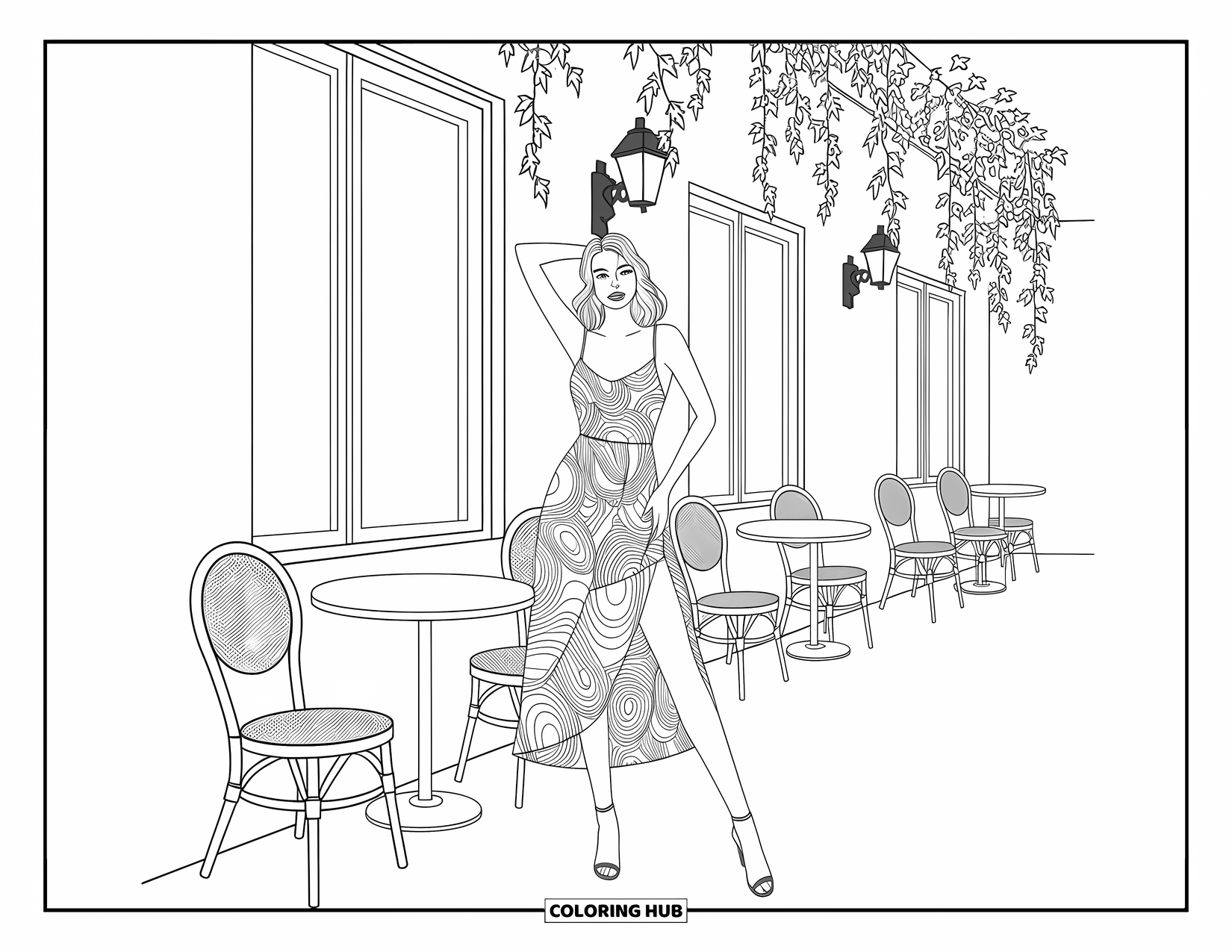 Kolorowanka z sukienkami – moda dla dorosłych: Kobieta w letniej sukience pozuje przed kawiarnią z bluszczem i latarnią uliczną