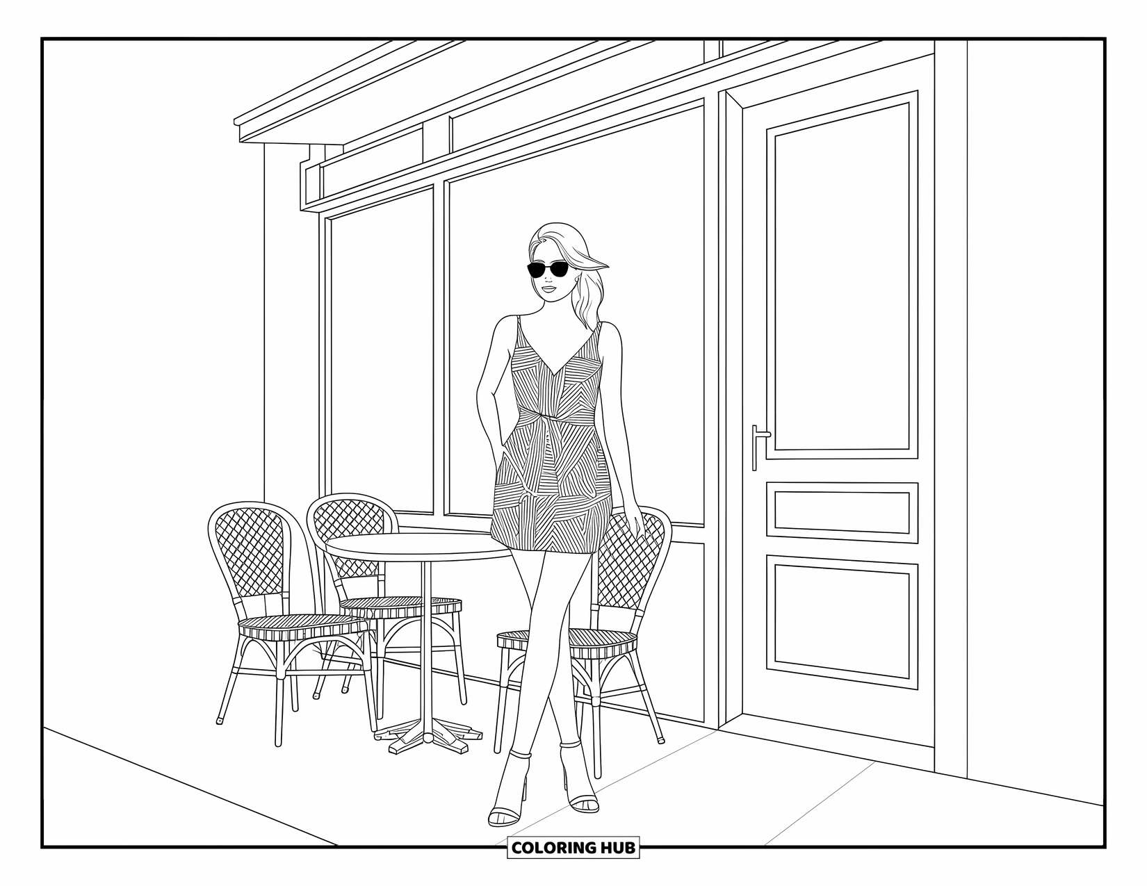 Kolorowanka z sukienką dla dorosłych: Kobieta w letniej sukience pozuje przed kawiarnią z bluszczem i skomplikowanymi detalami