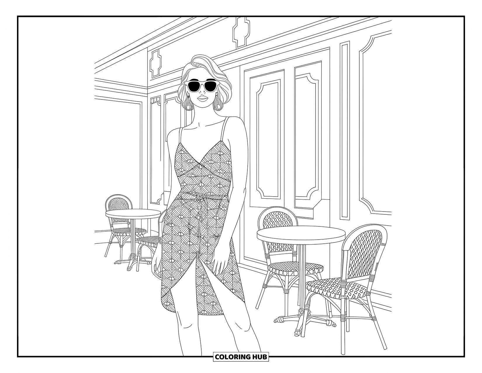 Kolorowanka z sukienką dla dorosłych: Kobieta w letniej sukience pozuje przed kawiarnią ze wzorzystymi ścianami i roślinami