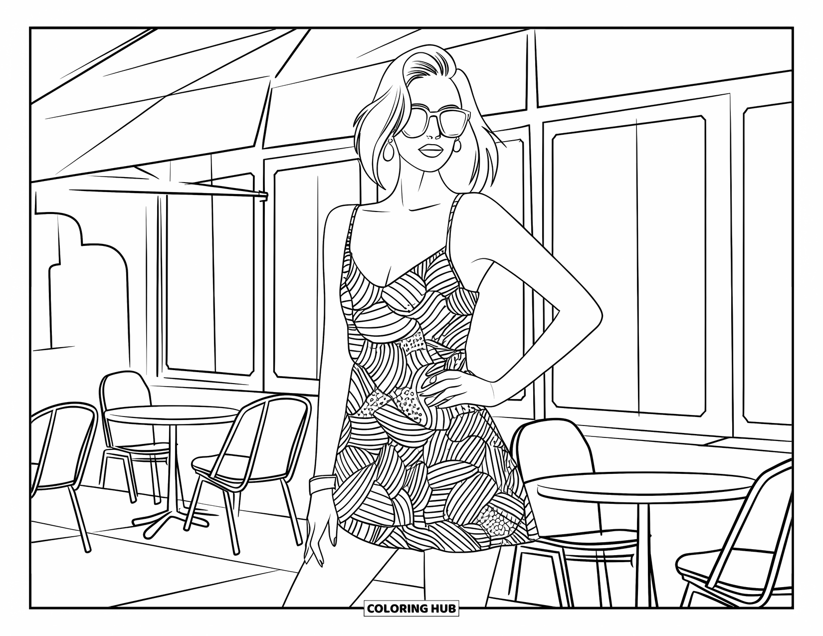 Kolorowanka z sukienkami – moda dla dorosłych: Kobieta w letniej sukience pozuje przed kawiarnią ze stolikami i krzesłami