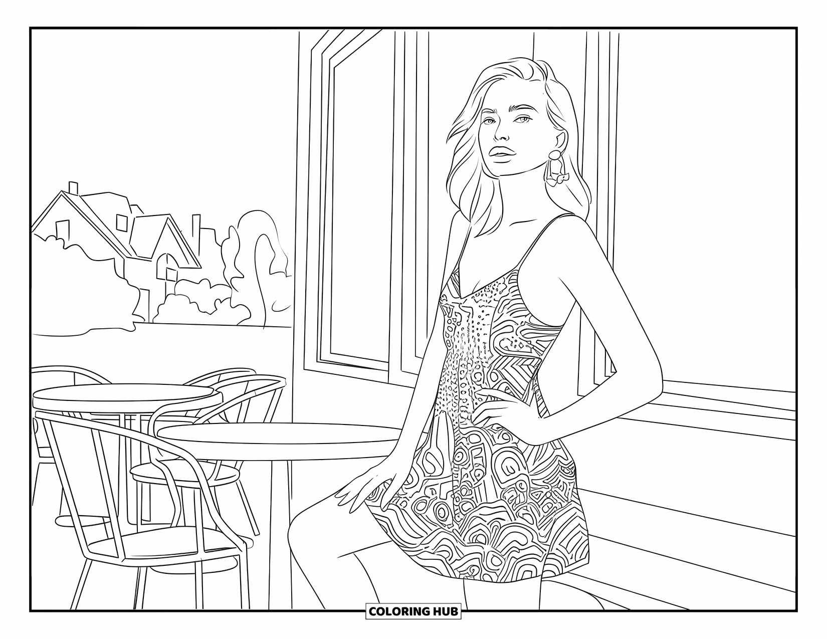 Kolorowanka z sukienkami – moda dla dorosłych: Kobieta w letniej sukience pozuje przed kawiarnią z drzewami i domami w pobliżu