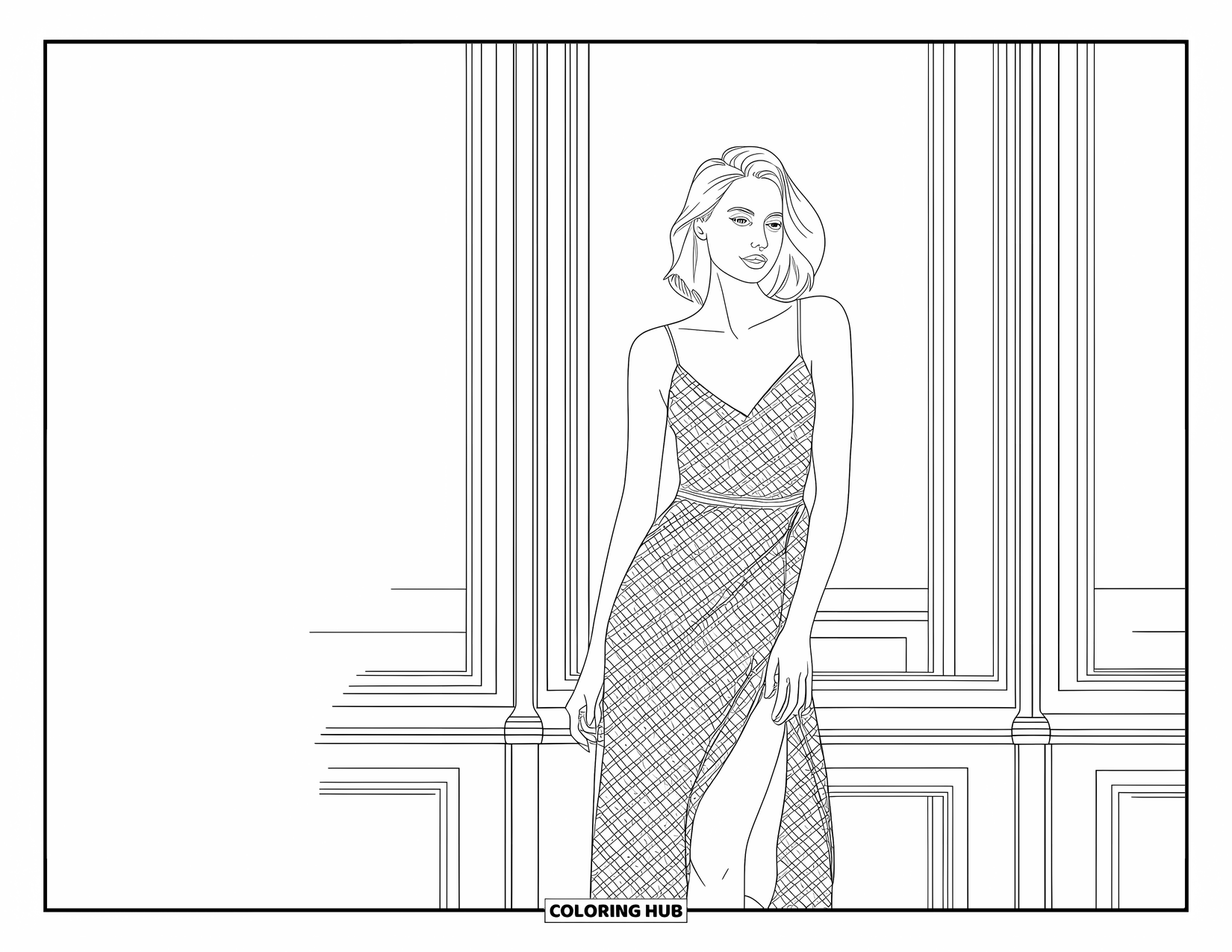 Kolorowanka z sukienkami – moda dla dorosłych: Kobieta w letniej sukience stoi przy kawiarni z roślinami i latarnią uliczną