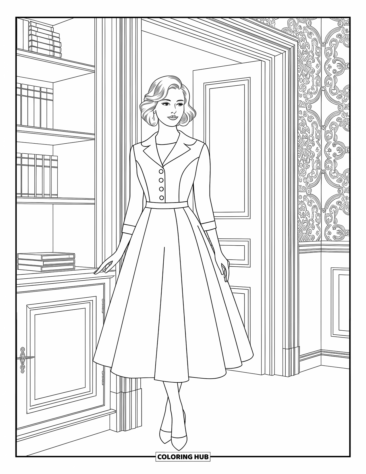 Kolorowanka z sukienkami – moda dla dorosłych: Kobieta w sukience do kolan stoi przy półce z książkami w przytulnym pokoju