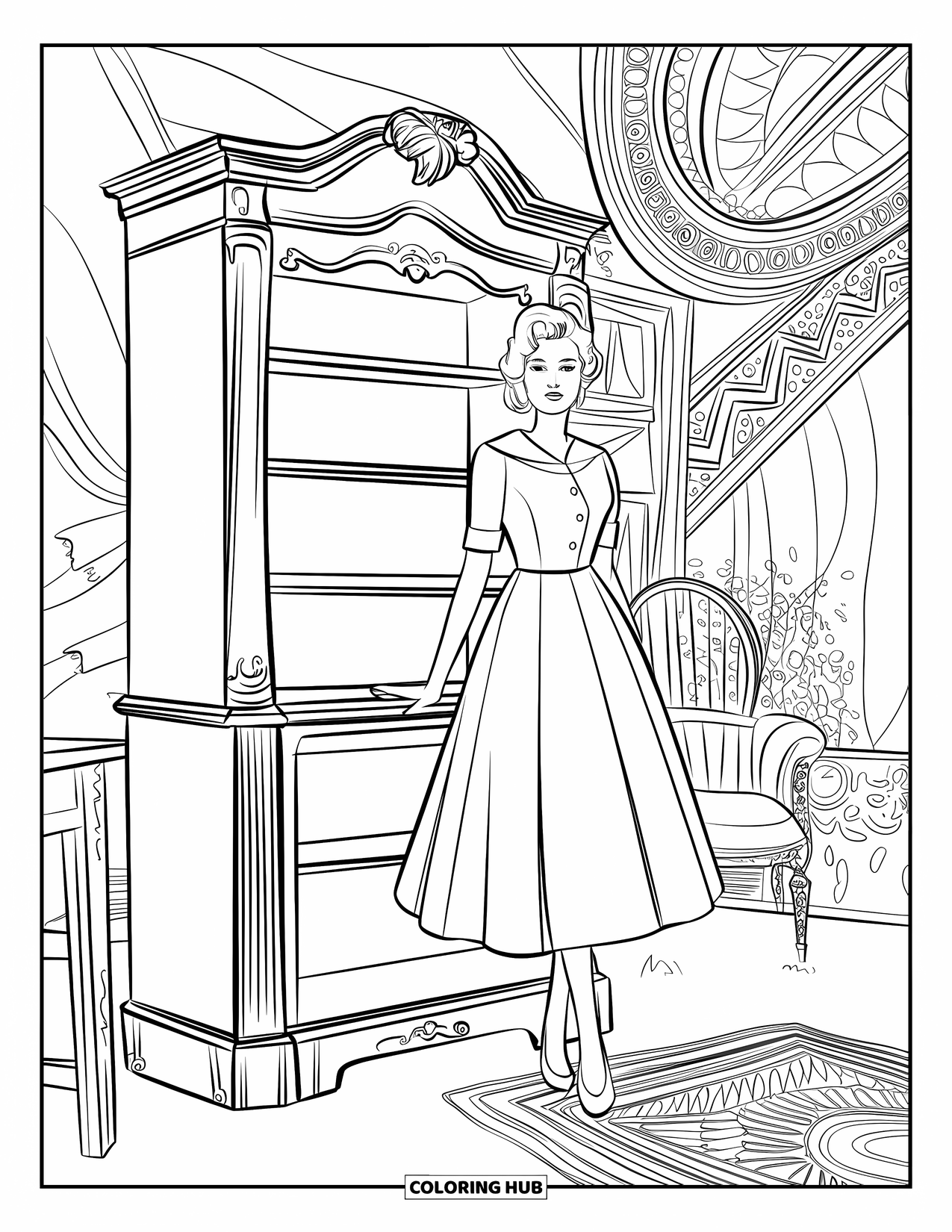 Kolorowanka z sukienkami – moda dla dorosłych: Kobieta w sukience do kolan stoi przy półce z książkami w przytulnym pokoju