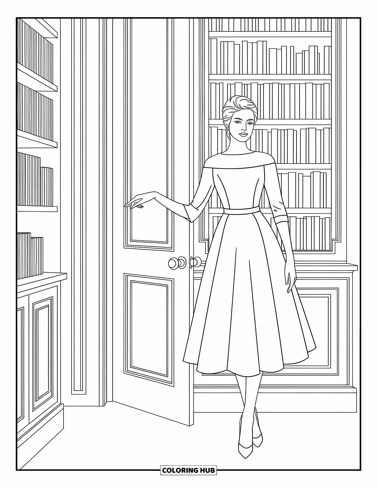 Kolorowanka z sukienkami – moda dla dorosłych: Kobieta w sukience do kolan stoi przy półce z książkami ze szczegółową tapetą