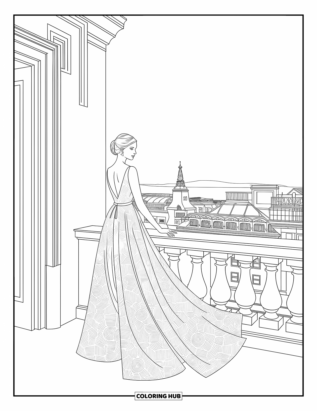 Kolorowanka z sukienkami – moda dla dorosłych: Kobieta w sukni wieczorowej pozuje na balkonie z widokiem na panoramę miasta
