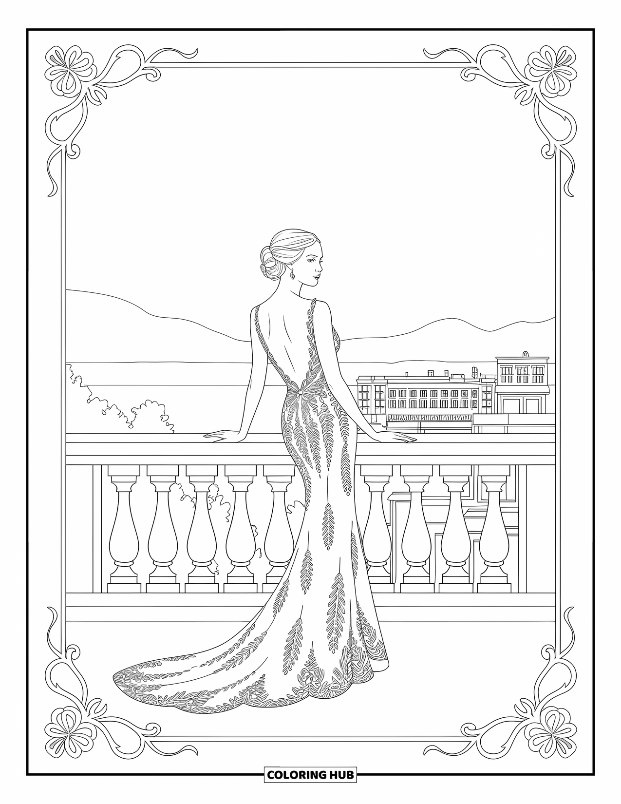 Kolorowanka z sukienkami – moda dla dorosłych: Kobieta w sukni wieczorowej stoi na balkonie z widokiem na panoramę miasta
