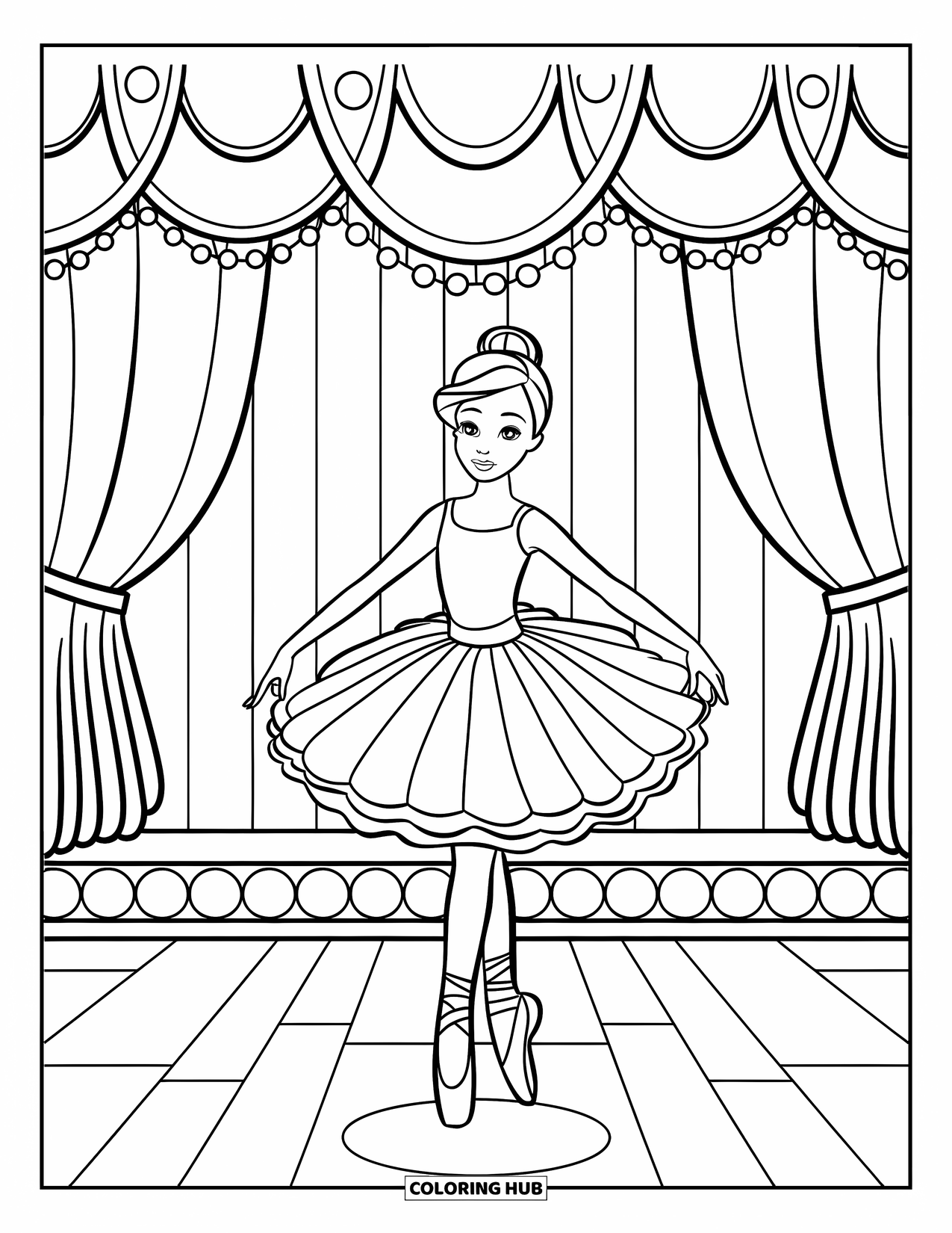 Kolorowanka z sukienką w stylu fashion dla dzieci: Balerina w pasiastym tutu stoi na scenie z prostym tłem