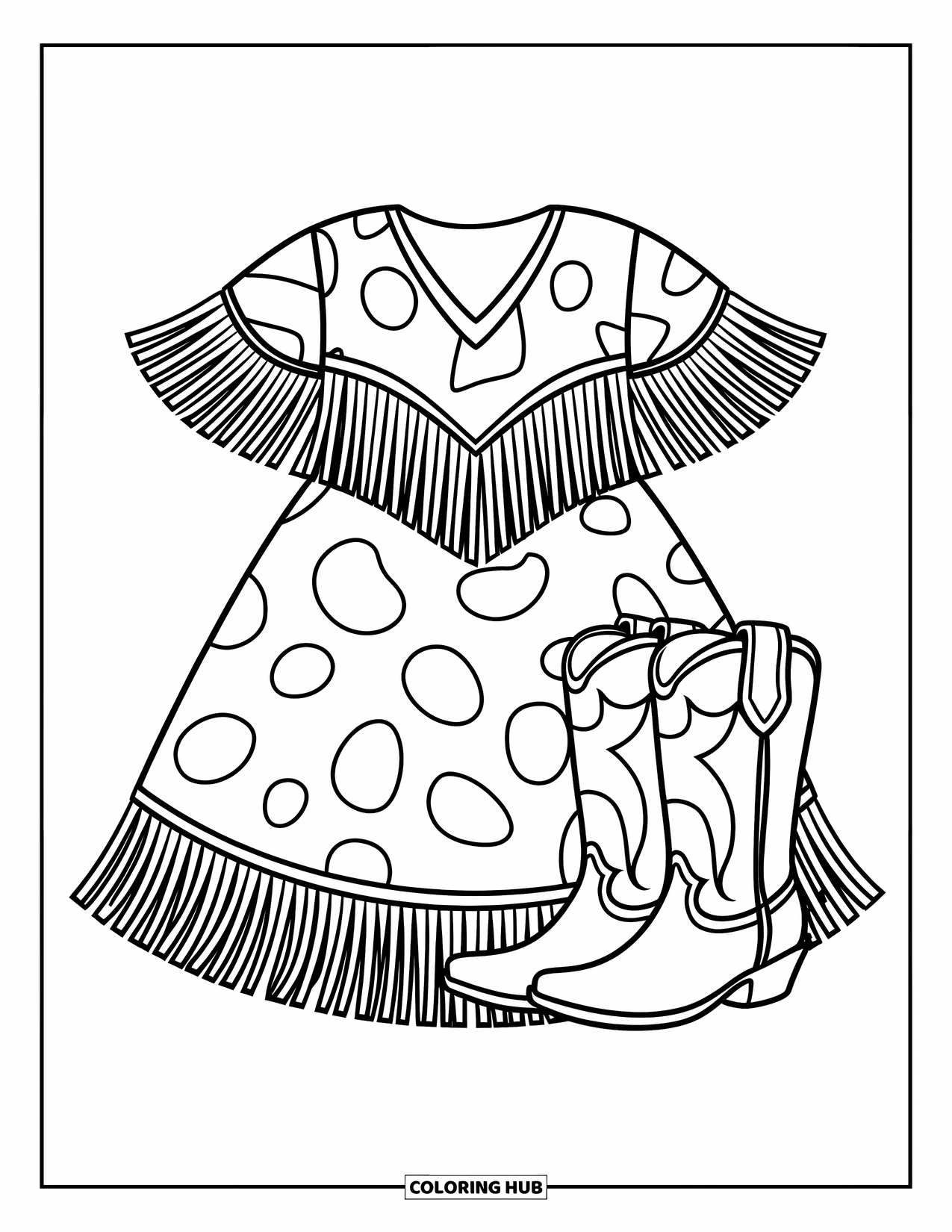 Kolorowanka z sukienką dla dzieci: Kowbojska sukienka z frędzlami stoi obok butów na czystym tle