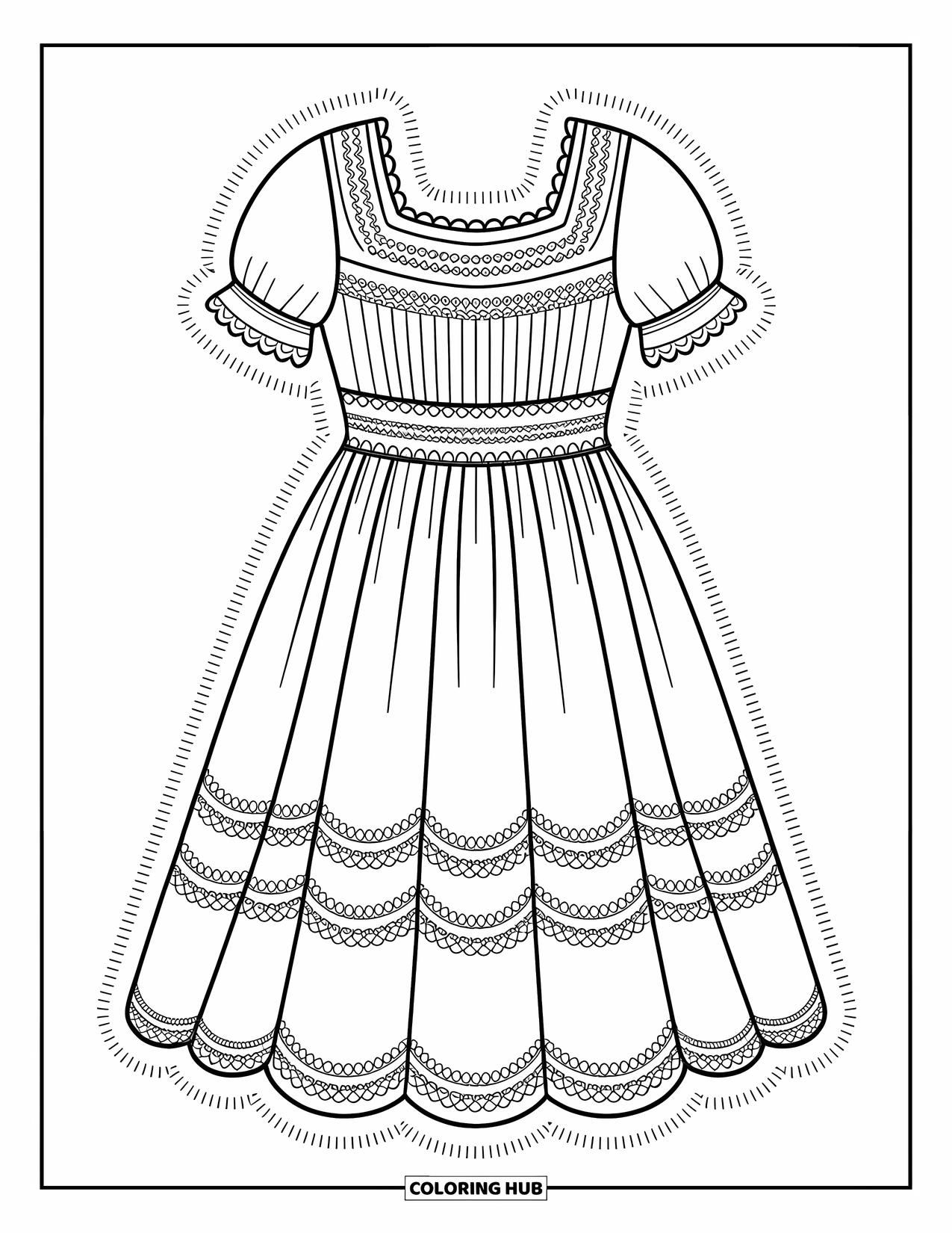 Kolorowanka z sukienką w stylu fashion dla dzieci: Sukienka z koronkowym wykończeniem i smockingiem wyróżnia się czystymi liniami na białym tle