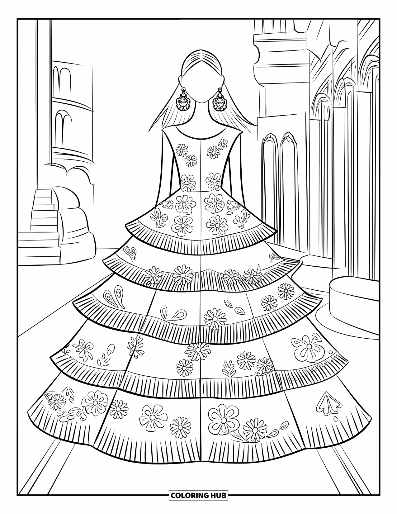 Kolorowanka z sukienką w stylu fashion dla dzieci: Sukienka z falbankami i kwiatowymi detalami błyszczy odważnymi kolczykami