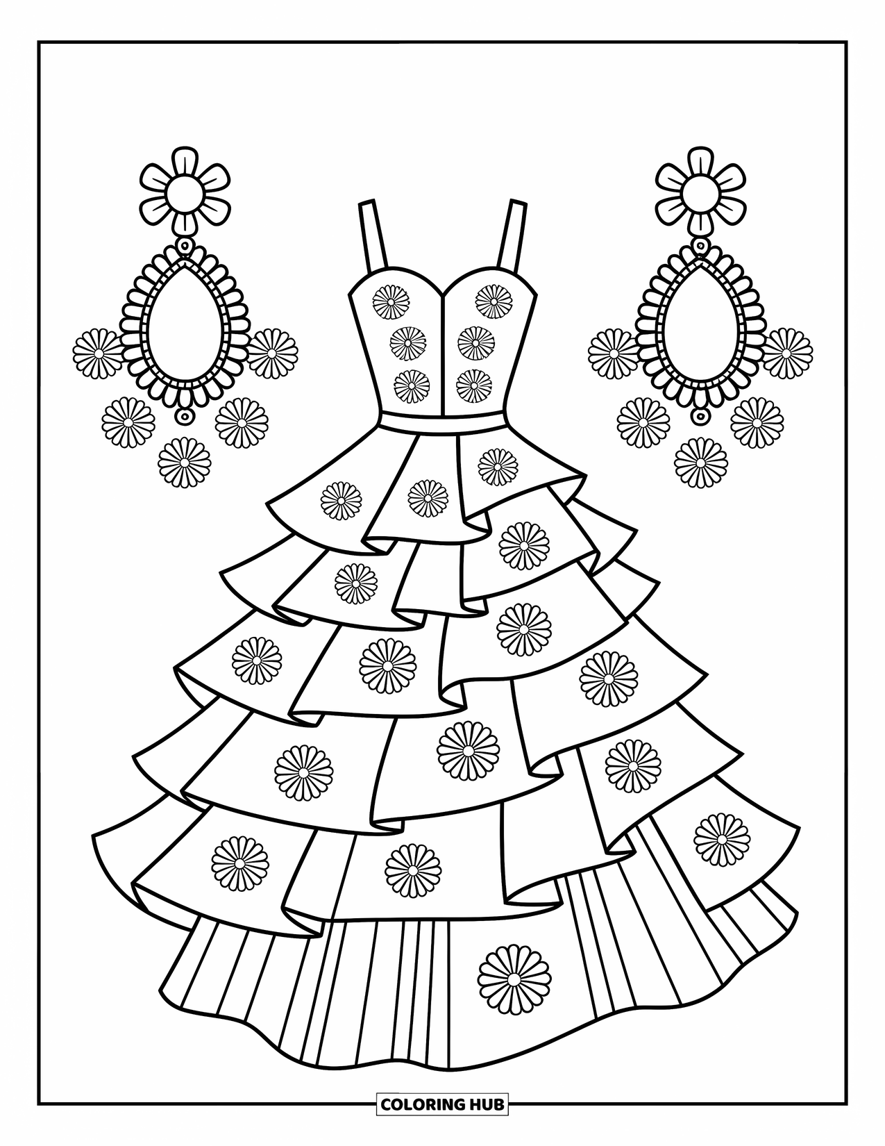 Kolorowanka z sukienką dla dzieci: Sukienka z falbanami i kwiatowym haftem wisi z dużymi kolczykami