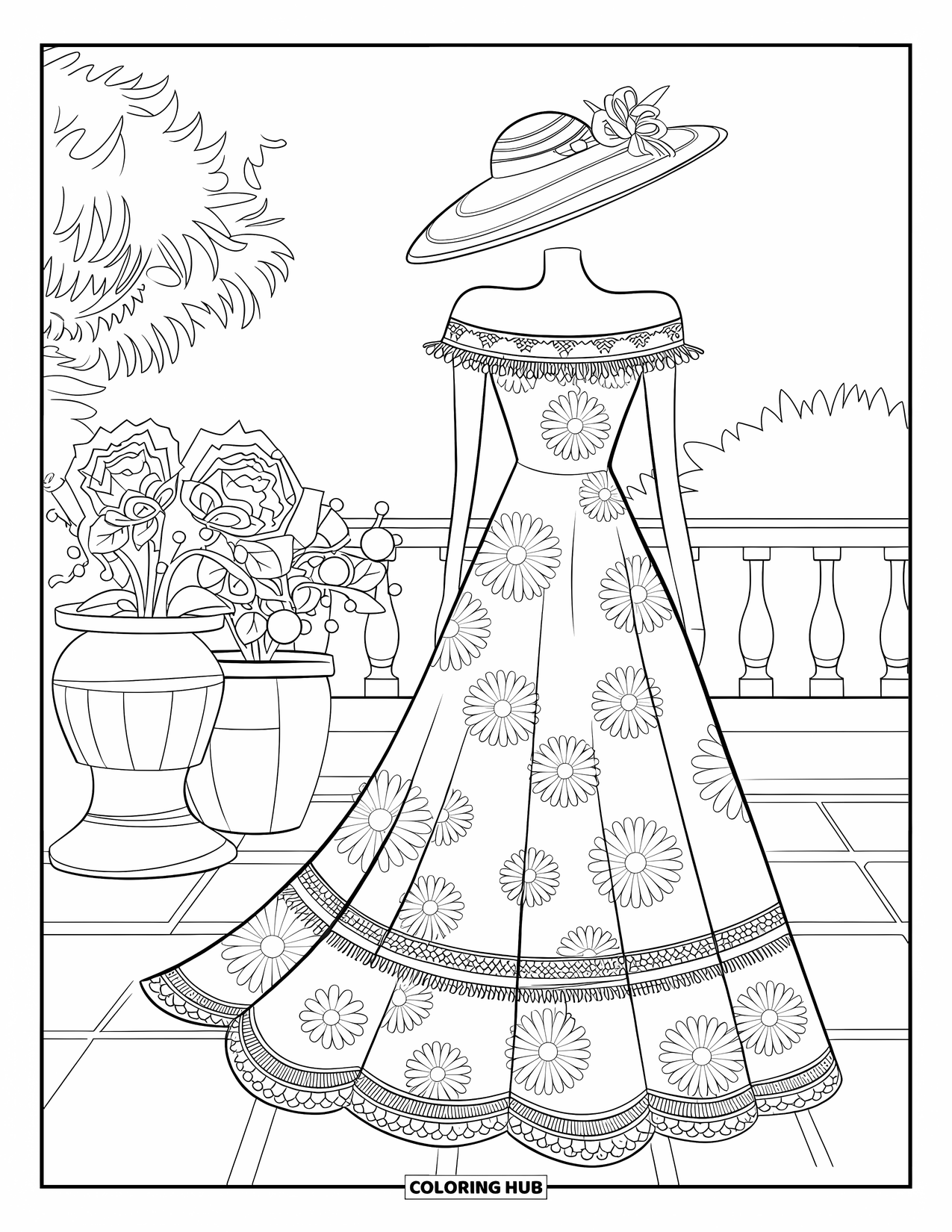 Kolorowanka z sukienką dla dzieci: Kwiatowa sukienka maxi z koronkowymi wykończeniami wisi obok roślin doniczkowych na dachu