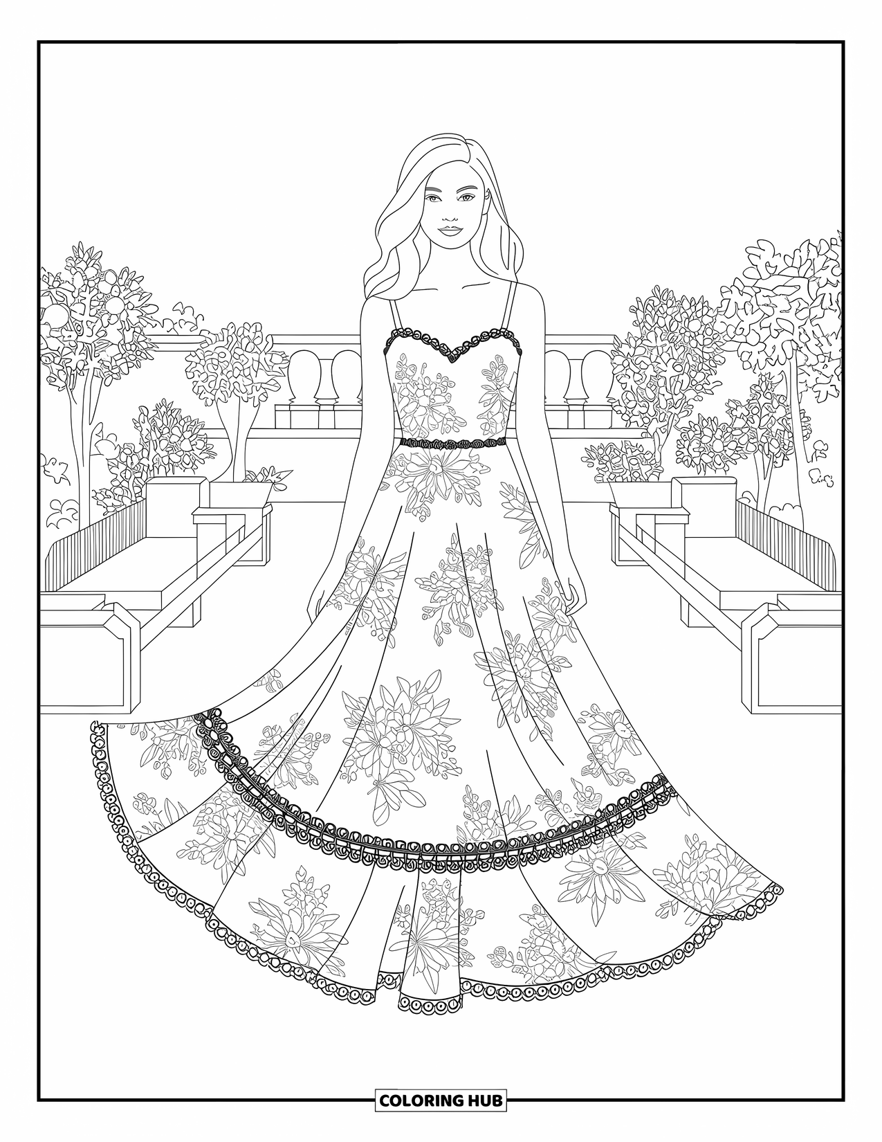 Kolorowanka z sukienką w stylu fashion dla dzieci: Kwiecista sukienka maxi z koronkowymi wykończeniami stoi wśród topiarów i lampek sznurkowych na dachu