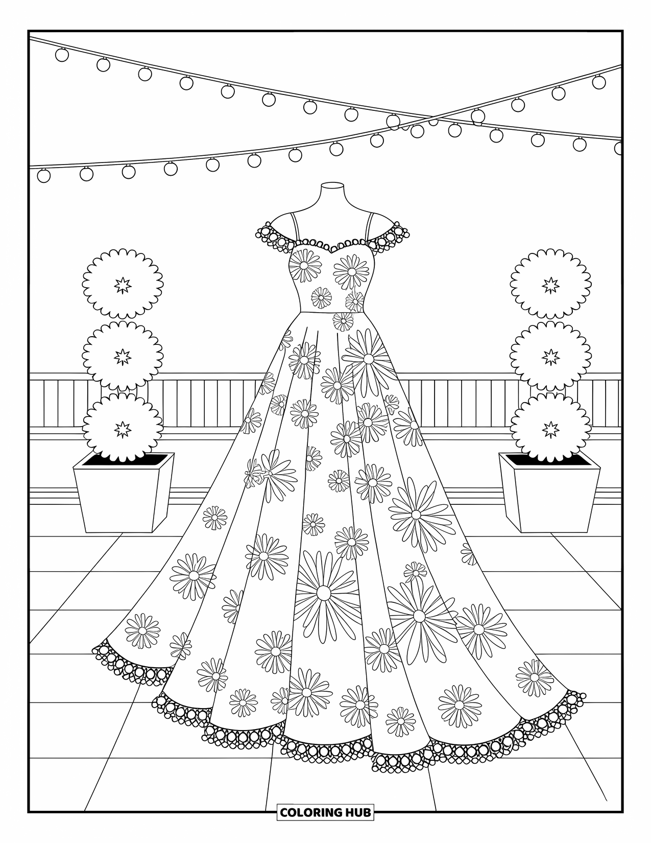 Kolorowanka z sukienką w stylu fashion dla dzieci: Kwiecista sukienka maxi z koronkowymi wykończeniami stoi na eleganckim przyjęciu na dachu z widokiem na miasto