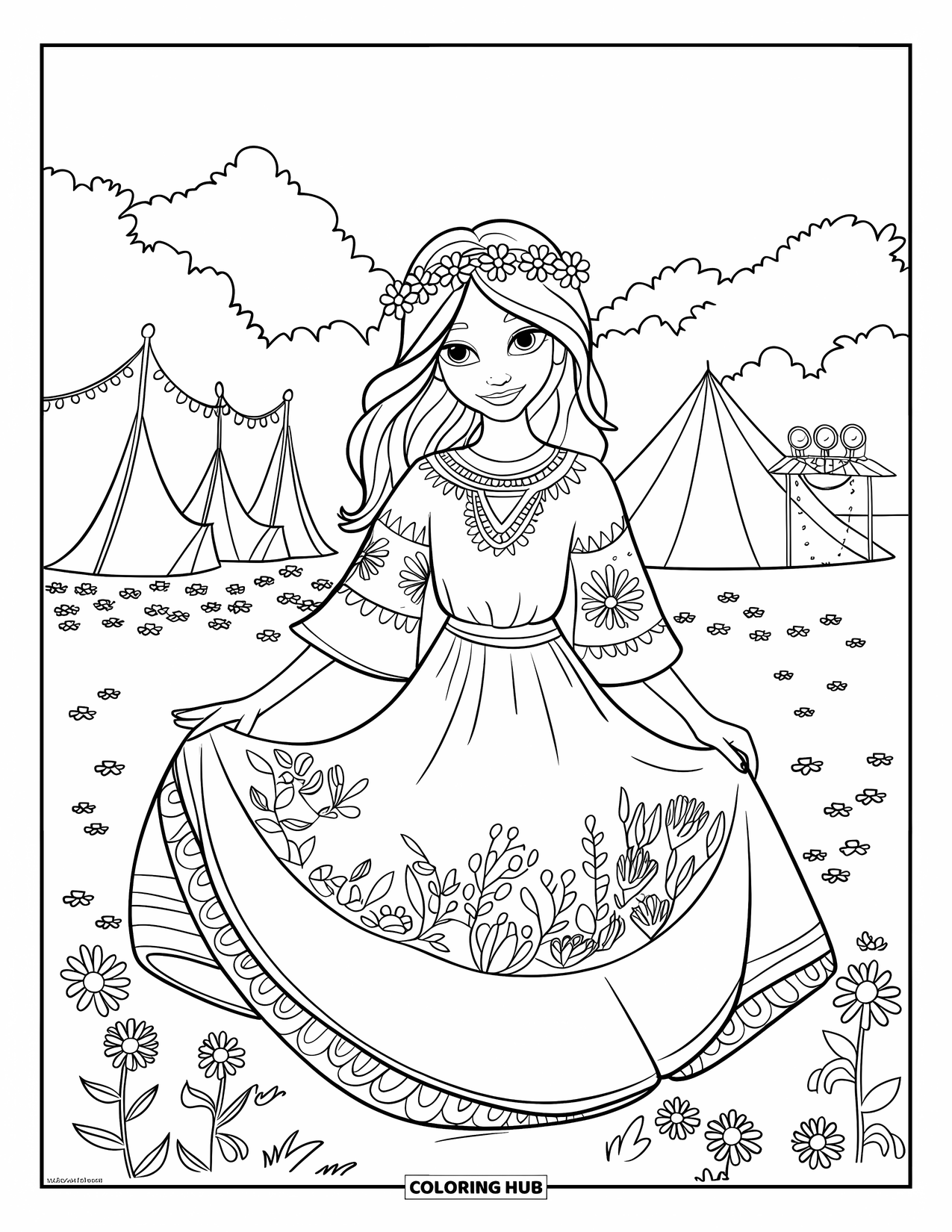 Kolorowanka z sukienką dla dzieci: Dziewczynka w sukience w stylu boho z wiankiem na głowie stoi obok namiotów na festiwalu