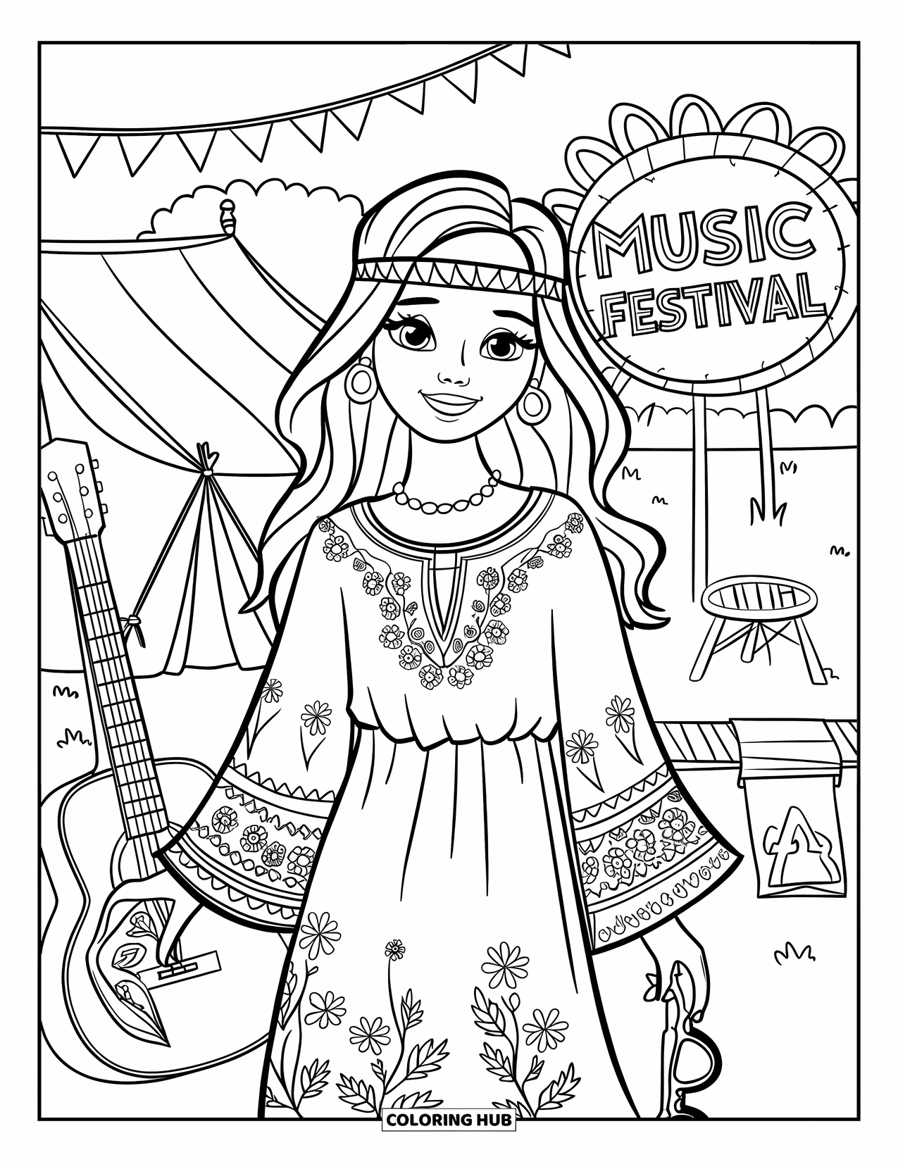 Kolorowanka z sukienką w stylu fashion dla dzieci: Dziewczynka w sukience w stylu boho z opaską stoi w pobliżu namiotów i gitary
