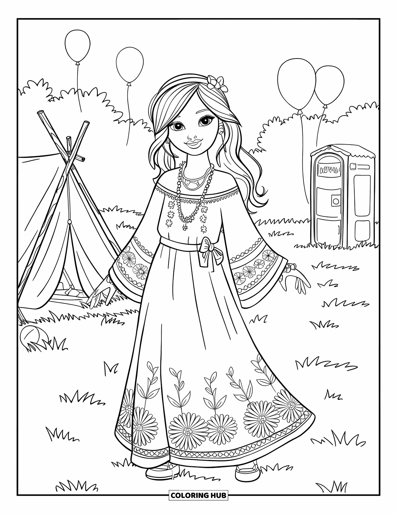 Kolorowanka z sukienką w stylu fashion dla dzieci: Dziewczynka w sukience w stylu boho z długimi włosami stoi obok balonów na festiwalu muzycznym