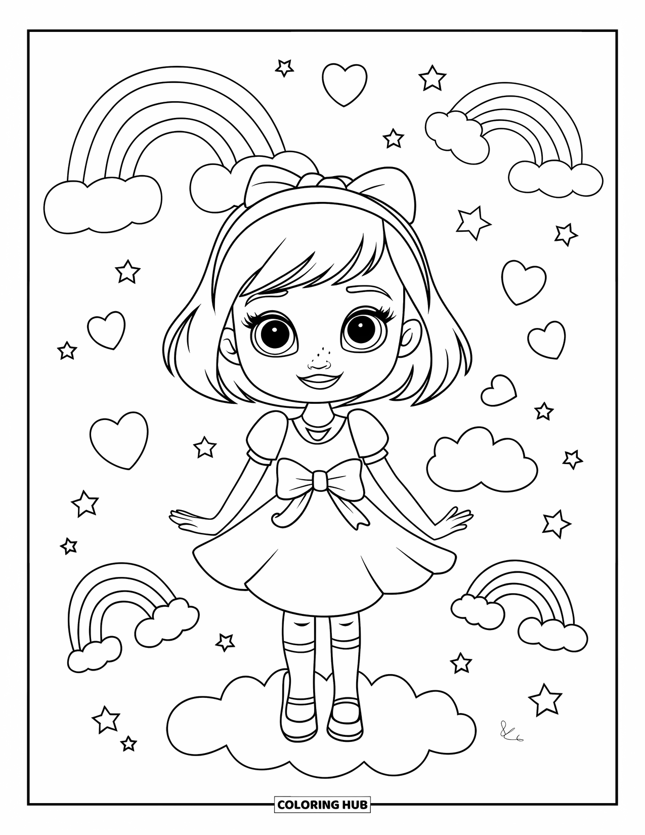 Kolorowanka z sukienką dla dzieci: Dziewczynka w sukience z muszką i krótkimi włosami stoi na chmurze z gwiazdami