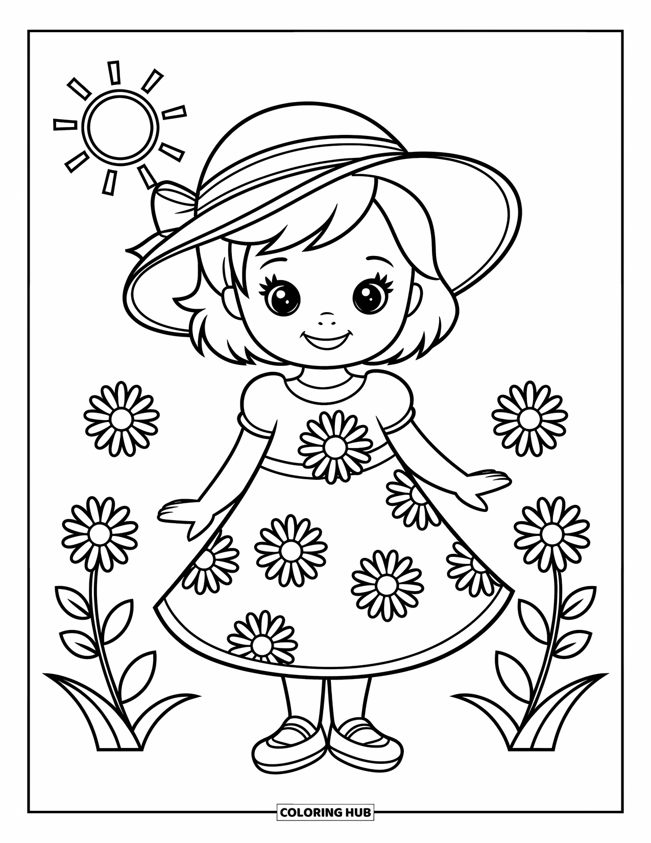 Kolorowanka z sukienką w stylu fashion dla dzieci: Dziewczynka w sukience w stokrotki stoi obok kapelusza przeciwsłonecznego z wstążką na białym tle