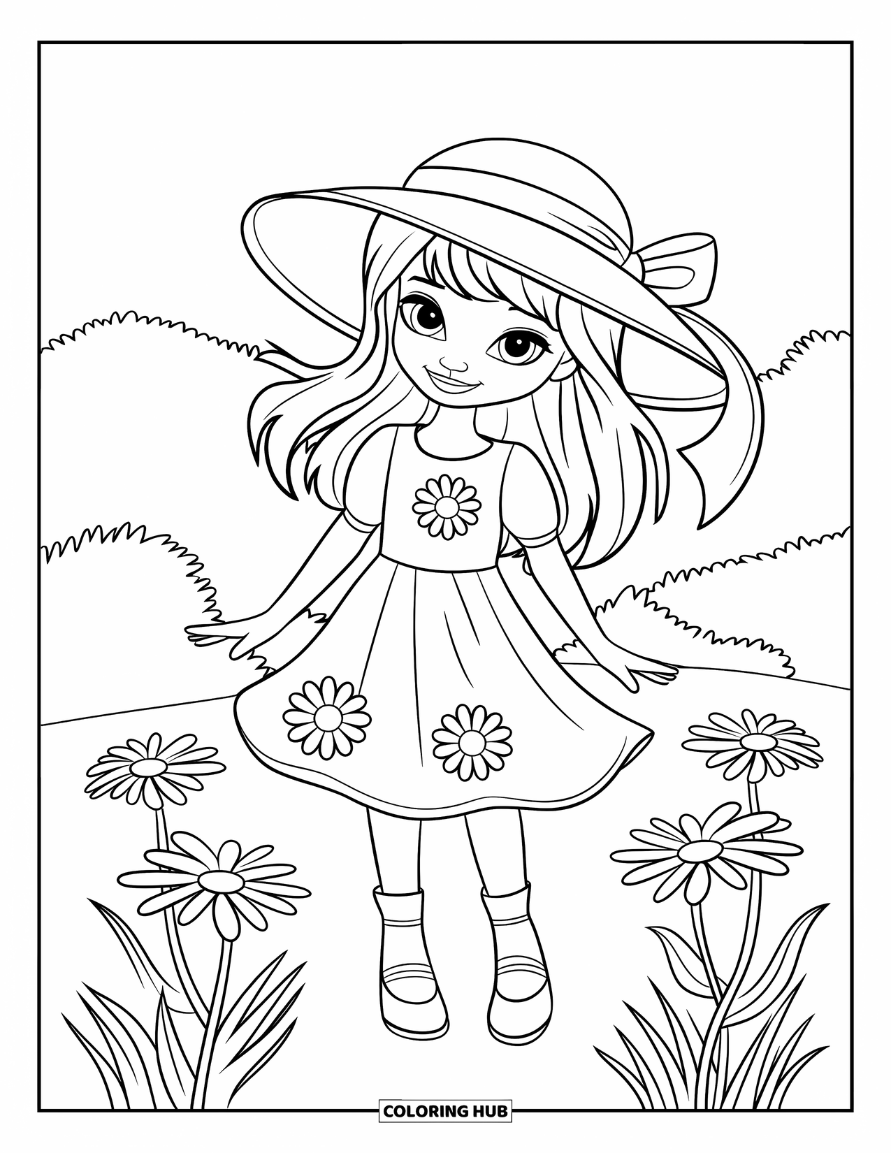 Kolorowanka z sukienką dla dzieci: Dziewczynka w letniej sukience w stokrotki i kapeluszu przeciwsłonecznym stoi na polu stokrotek