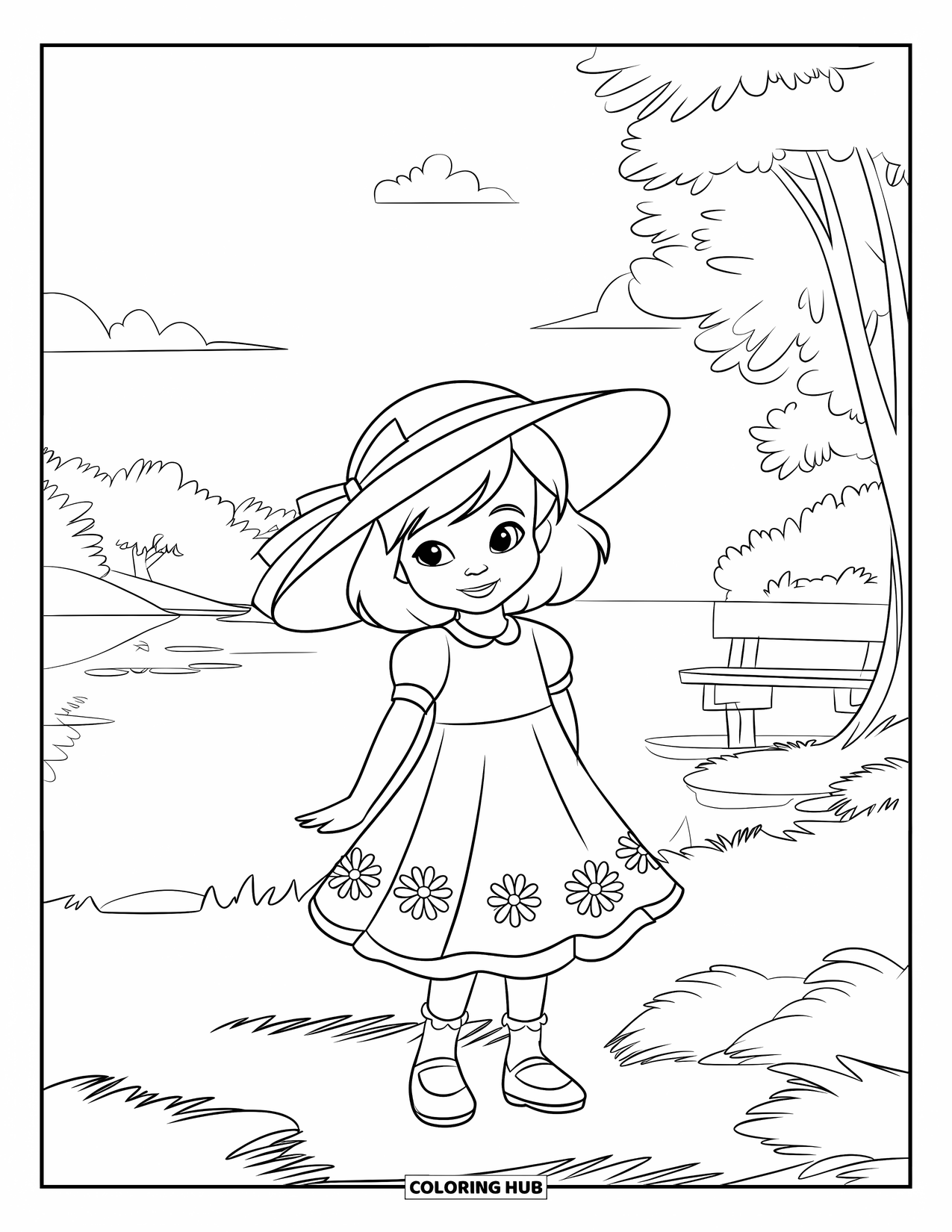 Kolorowanka z sukienką w stylu fashion dla dzieci: Dziewczynka w letniej sukience w stokrotki stoi nad jeziorem z kapeluszem przeciwsłonecznym w pobliżu